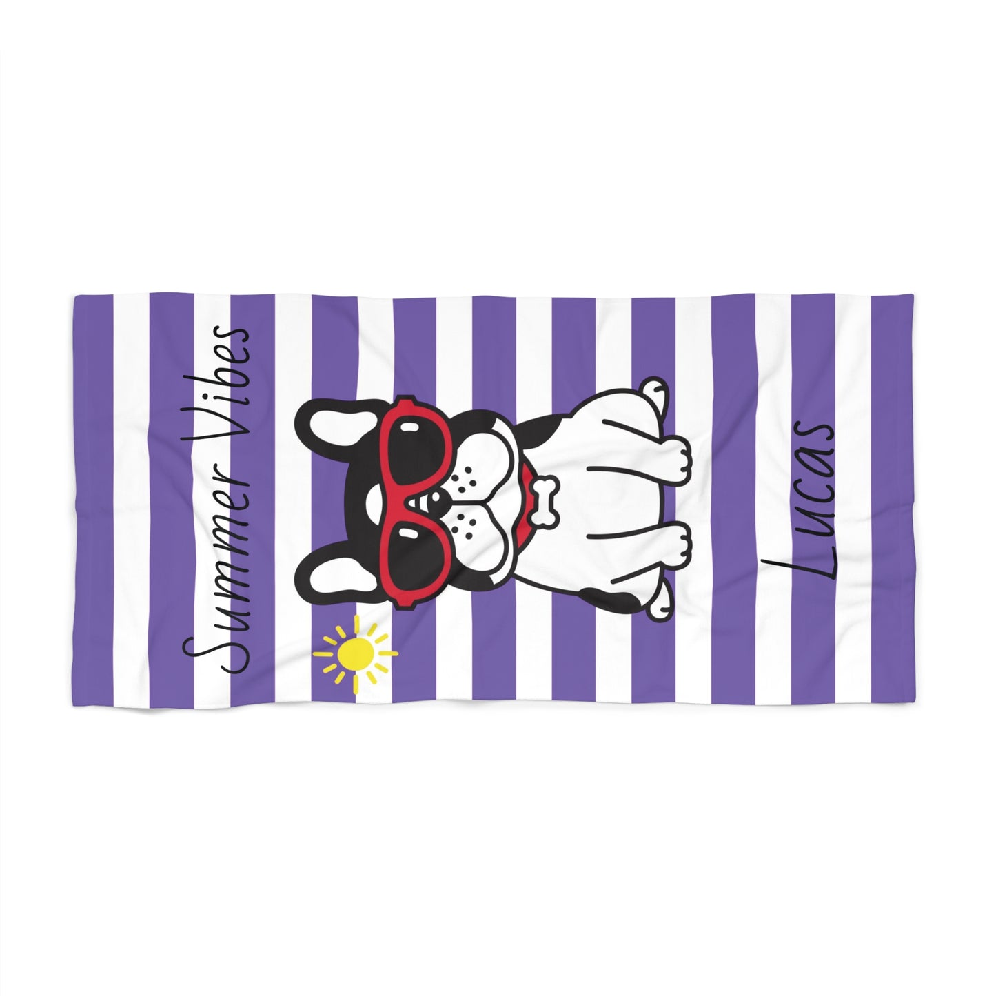 Personalized "Summer Vibes" Purple Striped Beach Towel with Sunglasses French Bulldog
