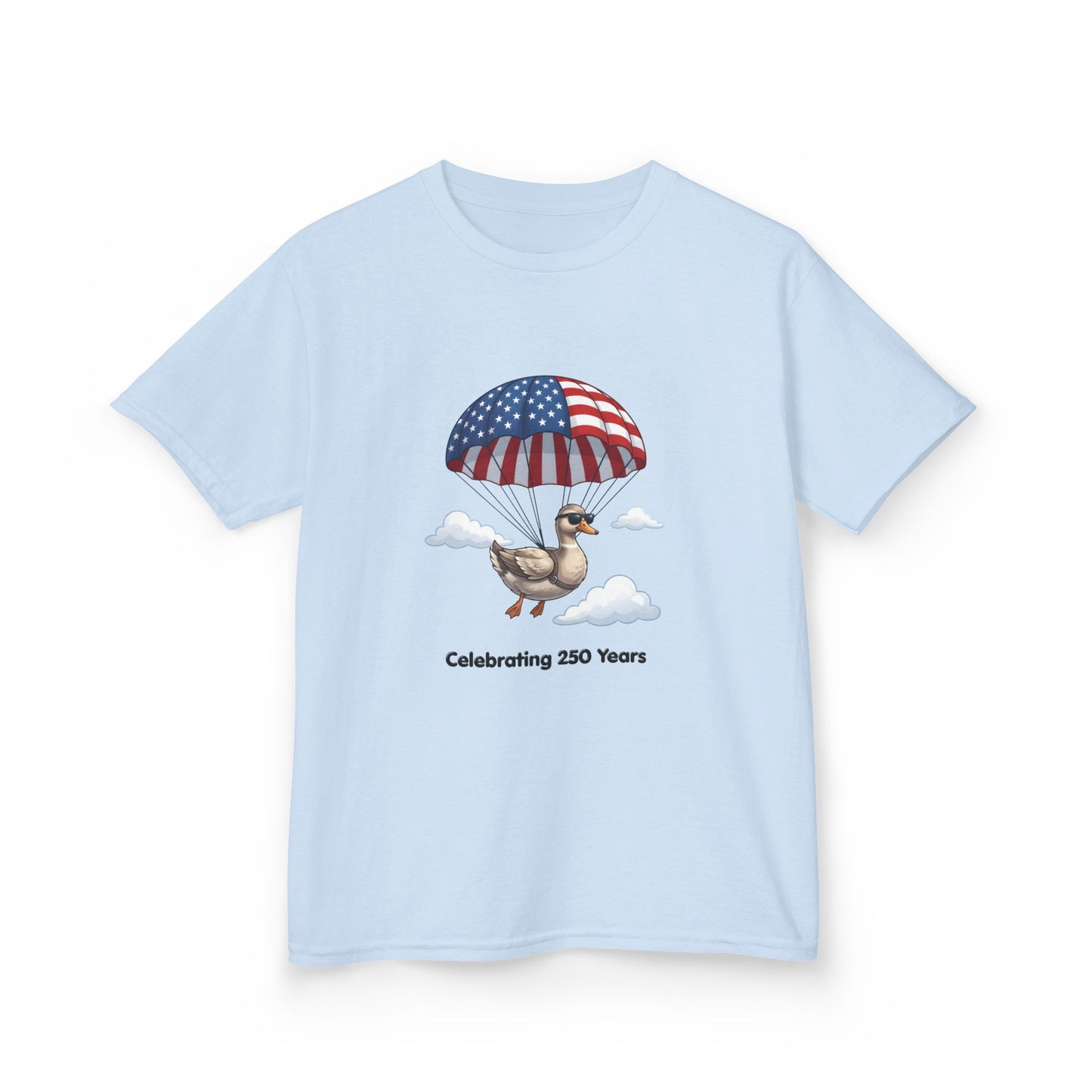 Kids Tee — Parachuting Duck, "Celebrating 250 Years"