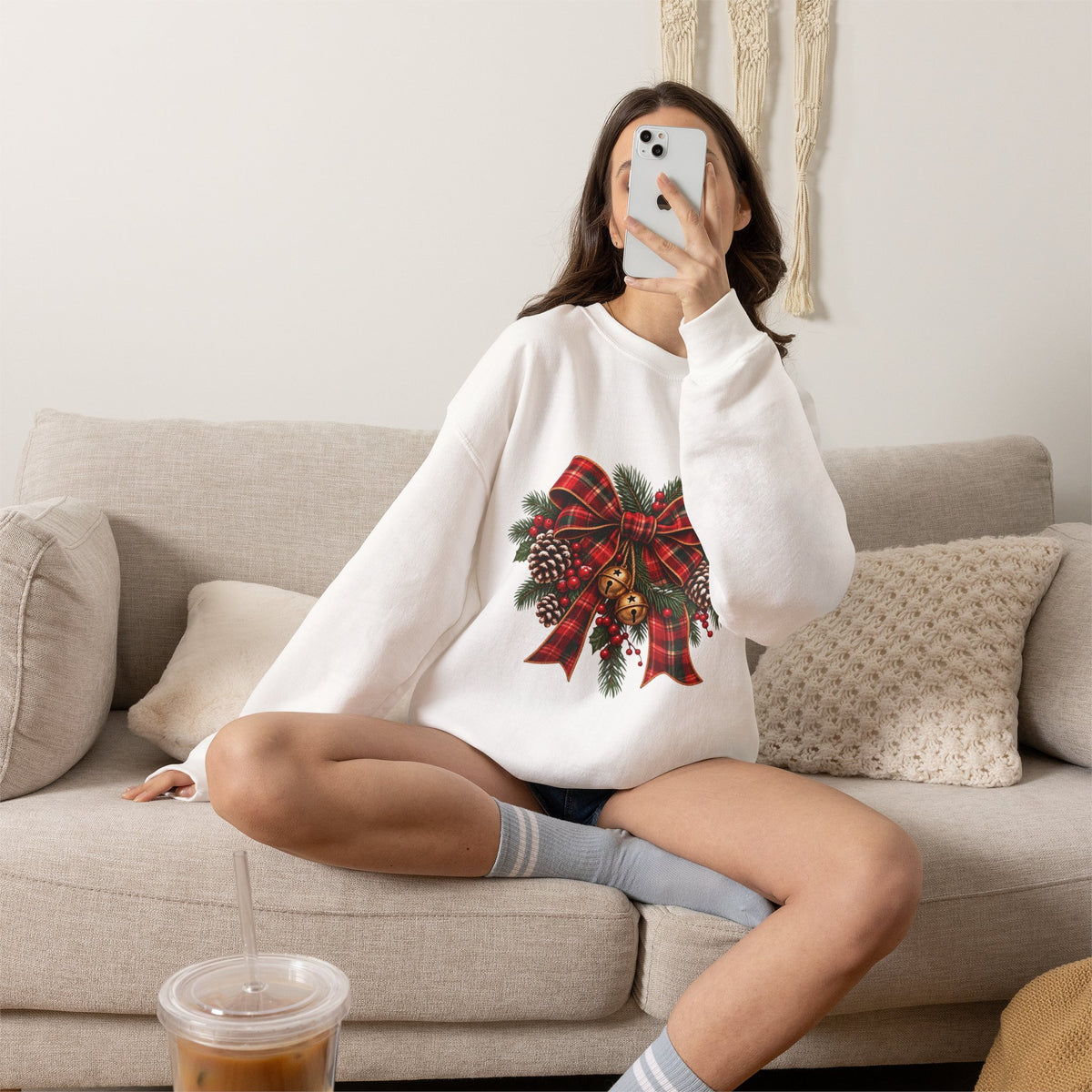 Christmas Plaid Bow Sweatshirt - Holiday Pinecone & Jingle Bells Crewneck