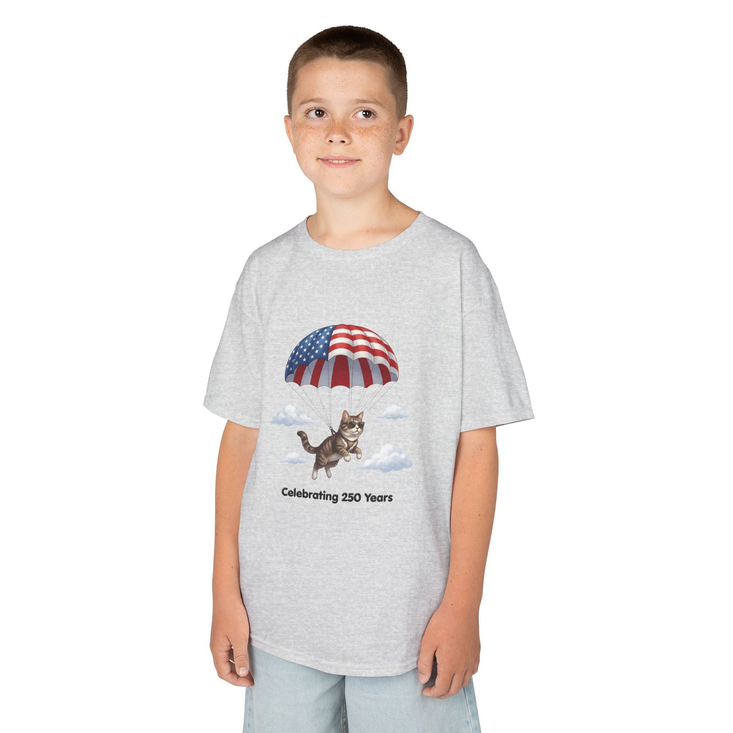 Kids Patriotic Parachuting Cat Tee — "Celebrating 250 Years"