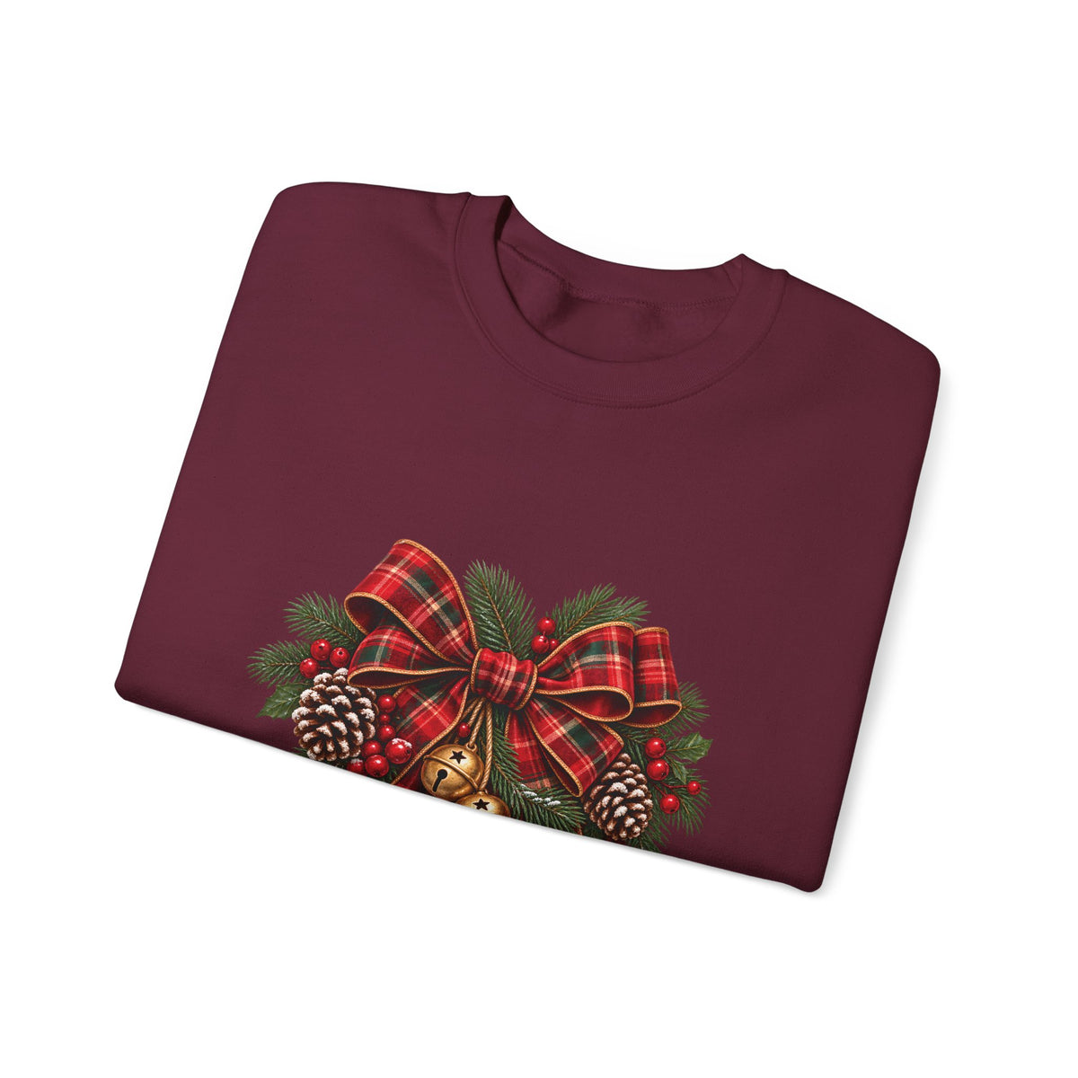 Christmas Plaid Bow Sweatshirt - Holiday Pinecone & Jingle Bells Crewneck
