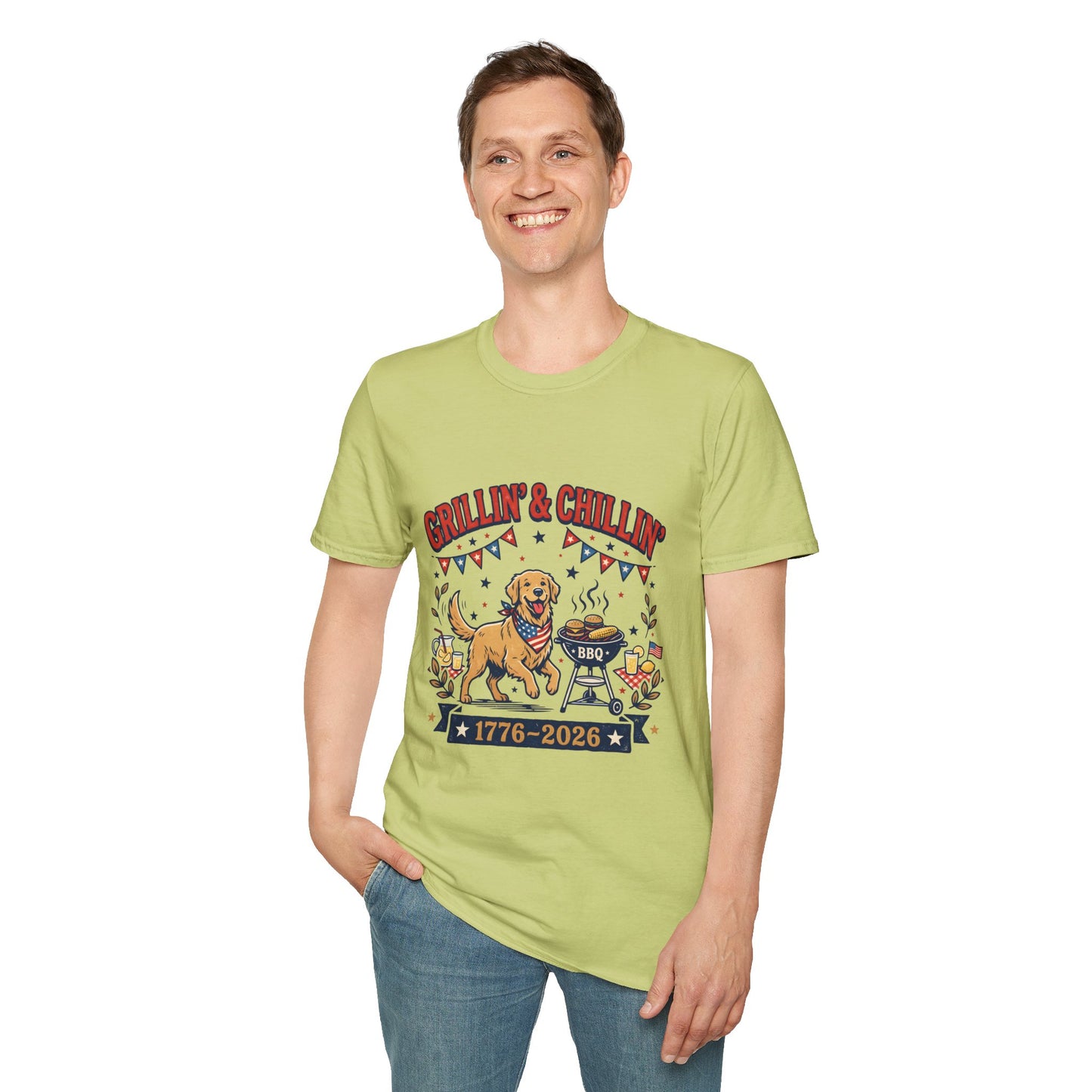 Grillin' & Chillin' BBQ Dog T-Shirt — 1776-2026 Patriotic Summer Tee, 4th of July Shirt, Independence Day Tee