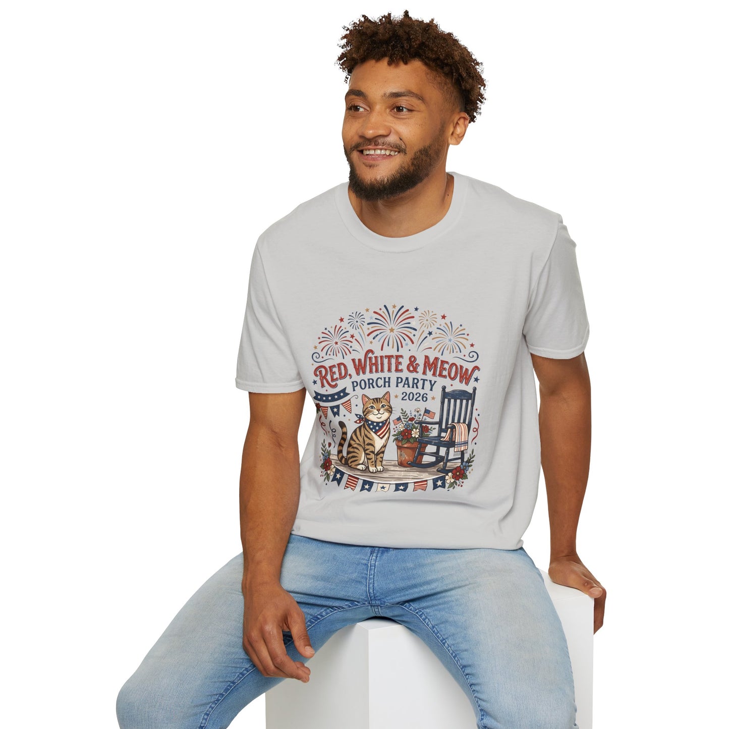 Red, White & Meow Porch Party T-Shirt — 2026 Patriotic Cat Tee, 4th of July Shirt, Independence Day Gift
