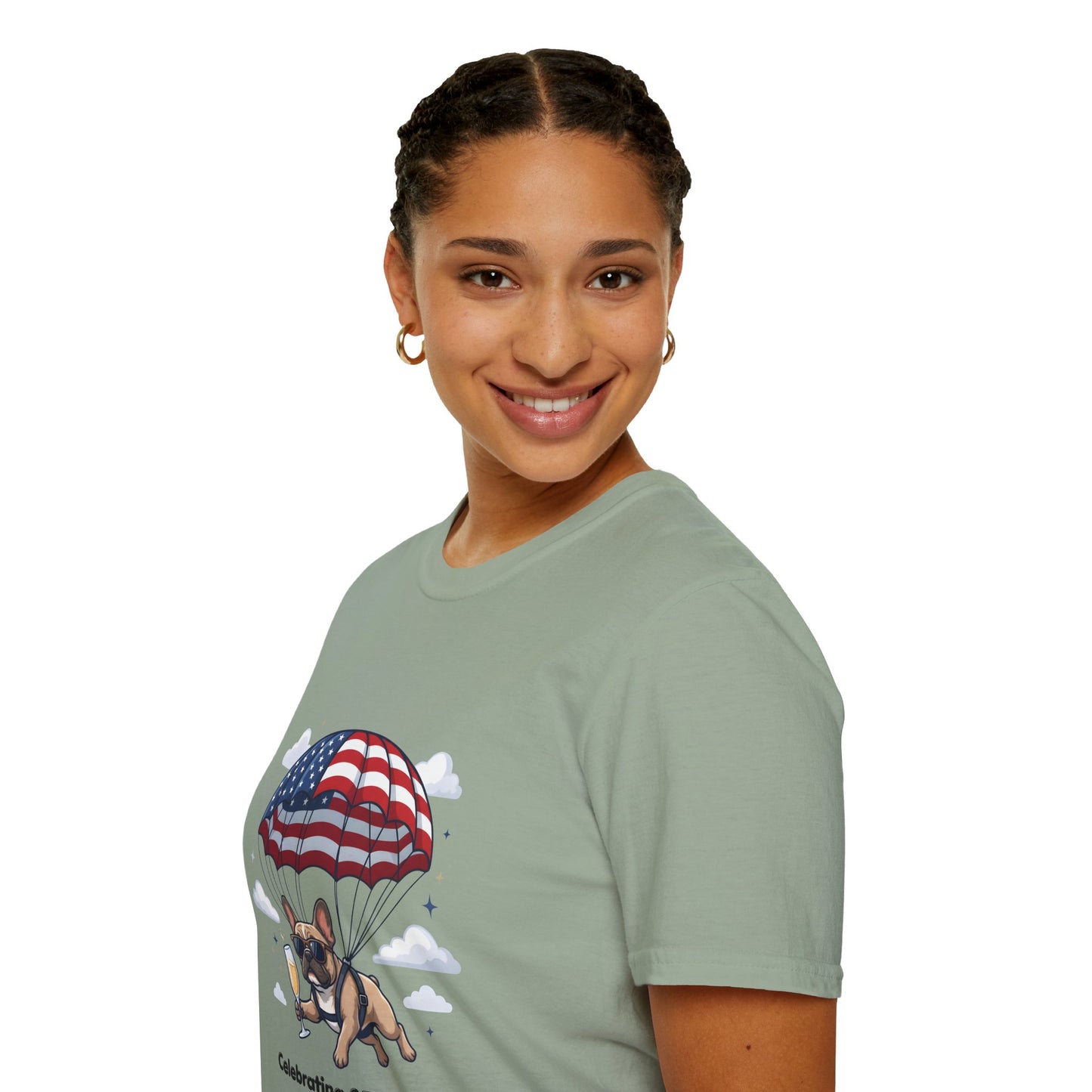 Patriotic French Bulldog T-Shirt — "Celebrating 250 Years" Parachute Design