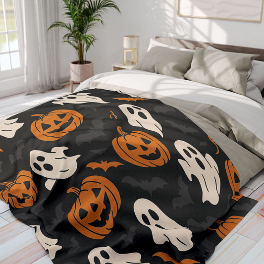 Halloween Fleece Blanket with Ghosts and Pumpkins, Cozy Throw for Fall Decor