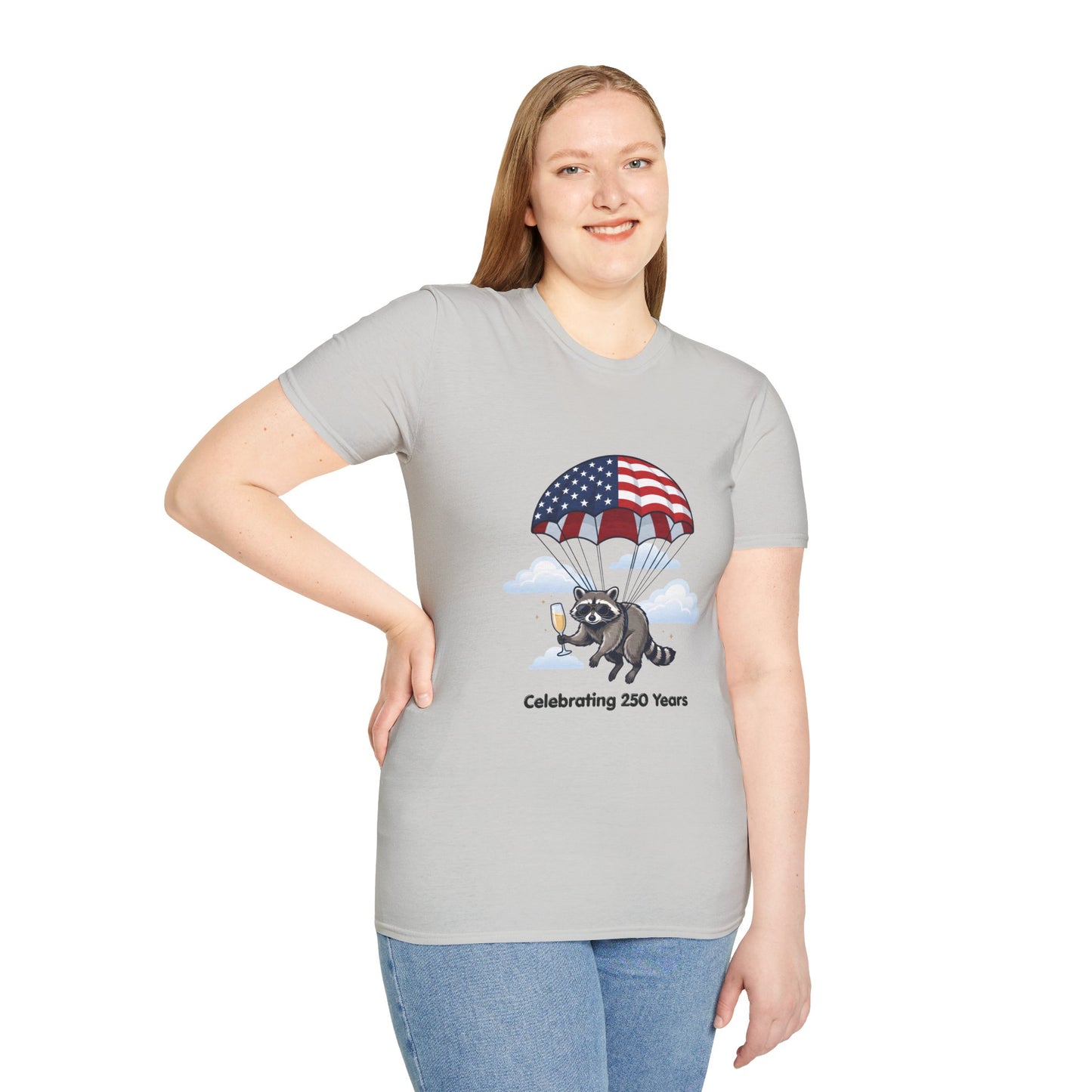 Patriotic Parachuting Raccoon T-Shirt — "Celebrating 250 Years"