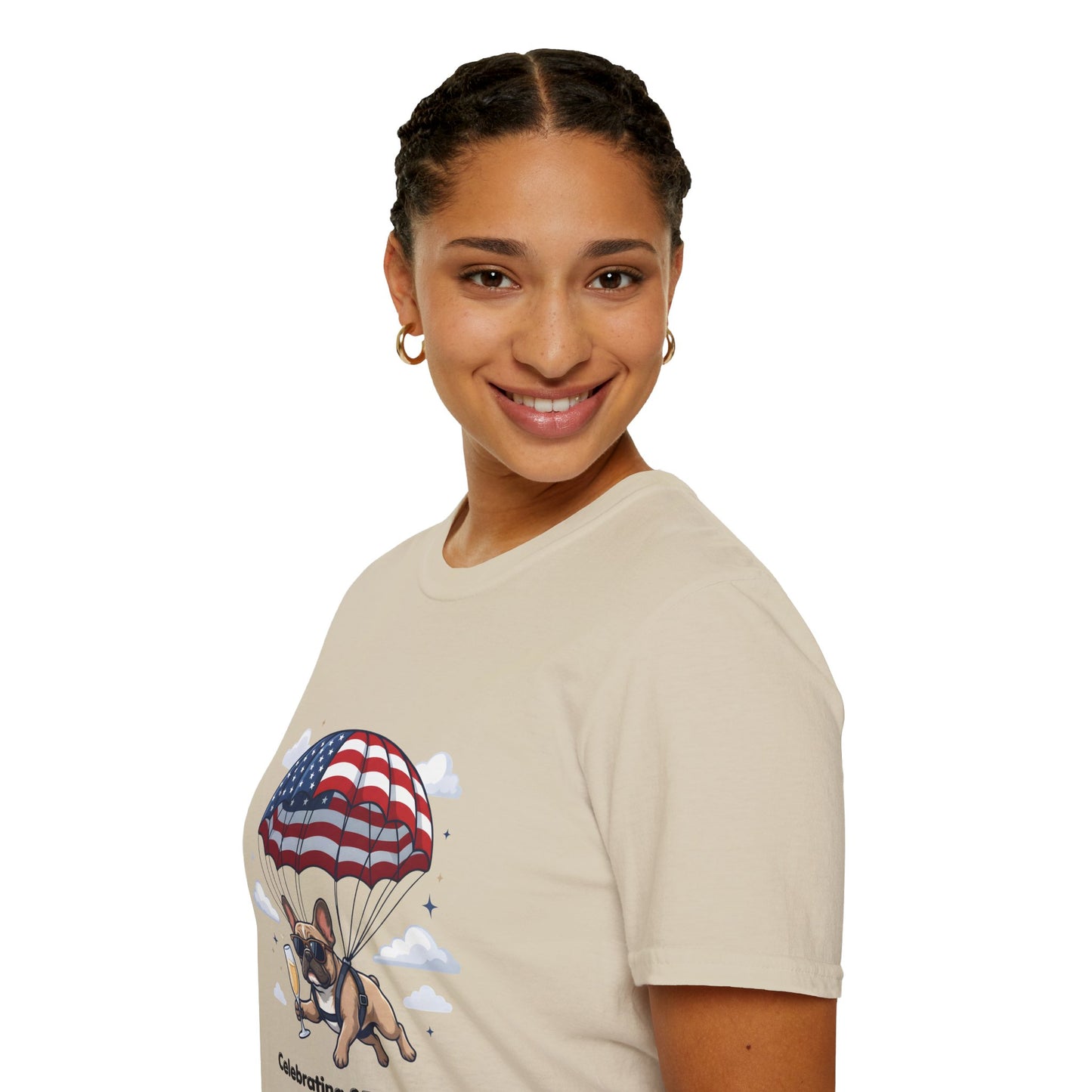 Patriotic French Bulldog T-Shirt — "Celebrating 250 Years" Parachute Design