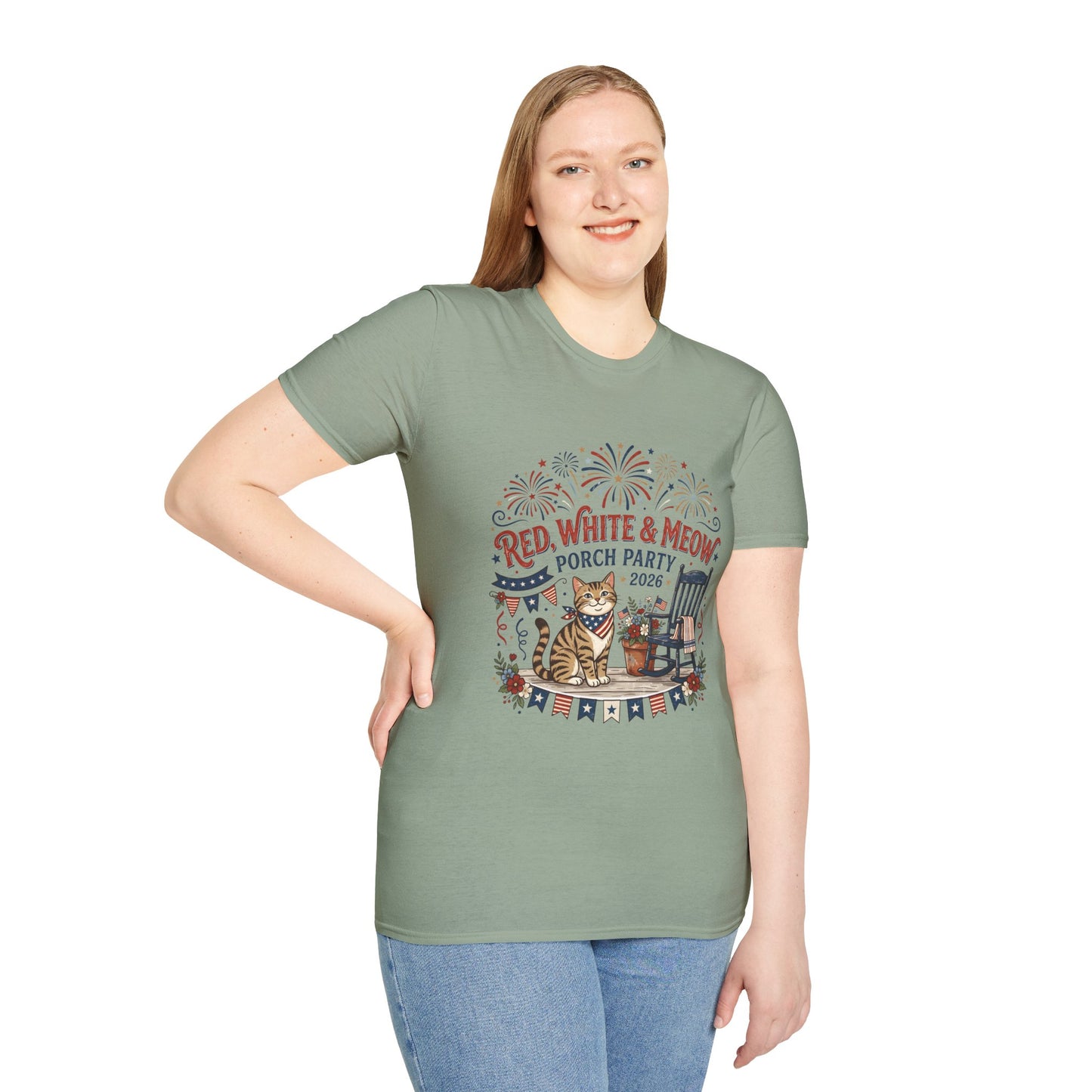 Red, White & Meow Porch Party T-Shirt — 2026 Patriotic Cat Tee, 4th of July Shirt, Independence Day Gift