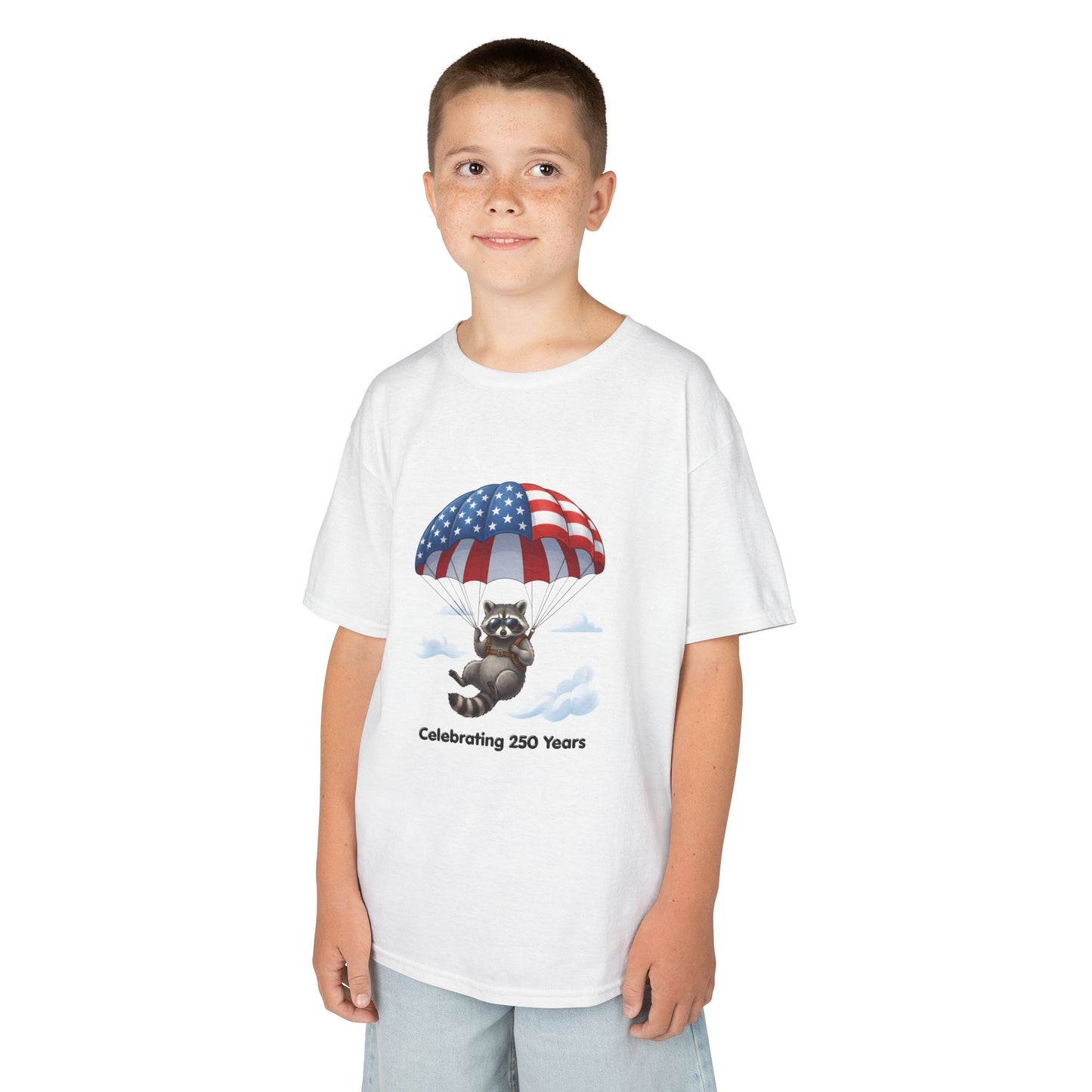 Kids T-Shirt — Patriotic Raccoon Parachute “Celebrating 250 Years”