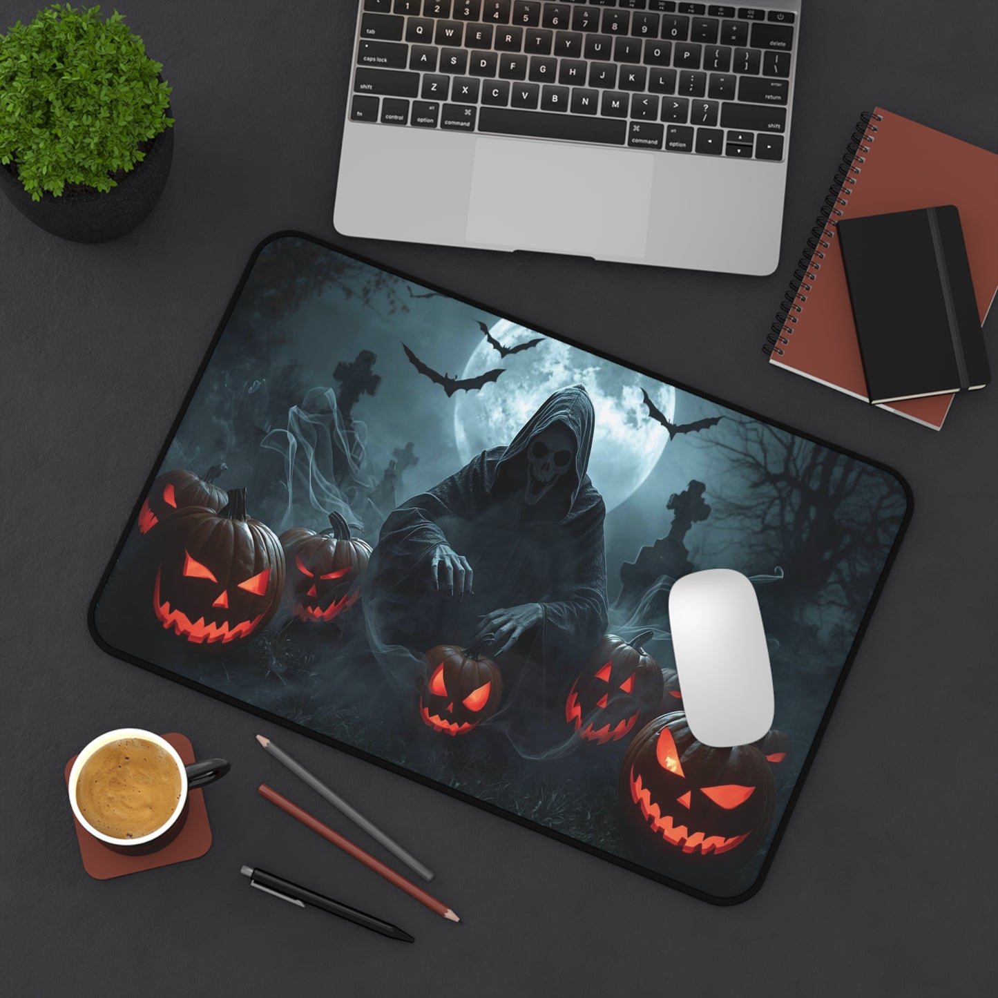 Spooky Halloween Desk Mat - Creepy Skull and Pumpkin Design, Office Decor, Gaming Mat, Halloween Gift, Ghostly Atmosphere