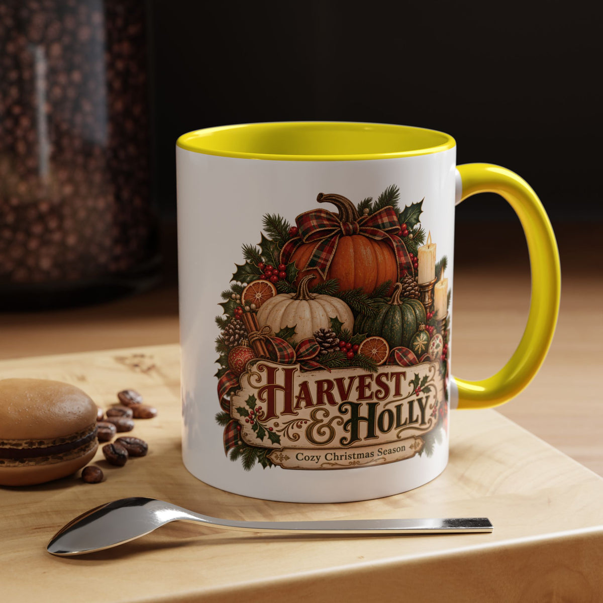 Harvest & Holly Accent Coffee Mug - Vintage Christmas Holiday Mug (11 oz)