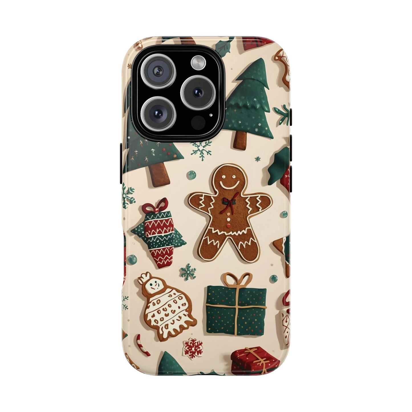 Christmas Phone Case with Gingerbread and Christmas Tree Design, Dual Layer Case for Iphone 17, 16, 15, 14, 13, 12, 11 & Samsung