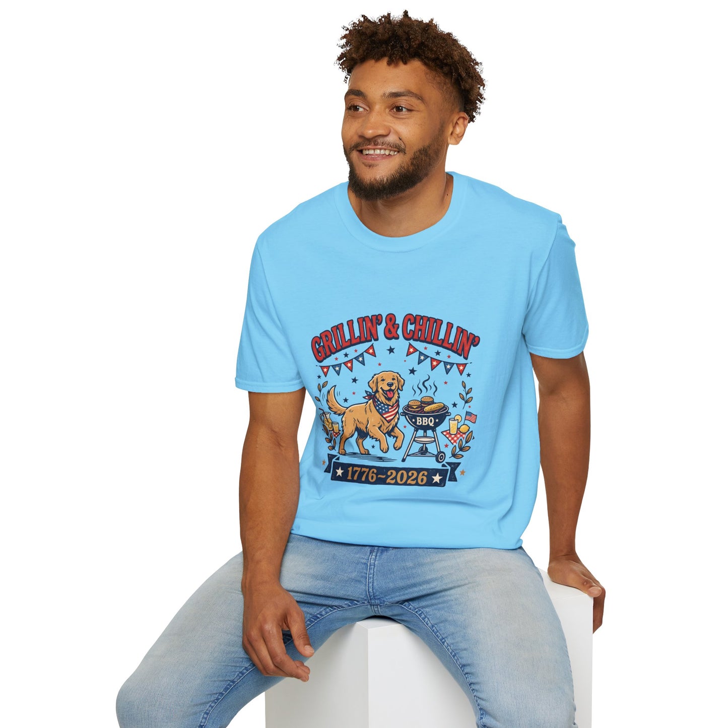 Grillin' & Chillin' BBQ Dog T-Shirt — 1776-2026 Patriotic Summer Tee, 4th of July Shirt, Independence Day Tee