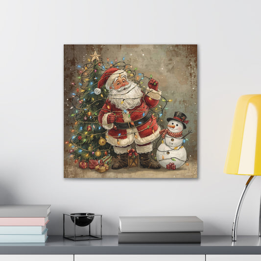 Vintage Christmas Wall Art, Santa & Snowman Canvas Art