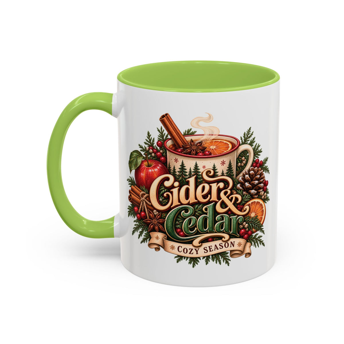 Cider & Cedar Accent Coffee Mug — Cozy Fall Hot Drink Gift (11 oz)
