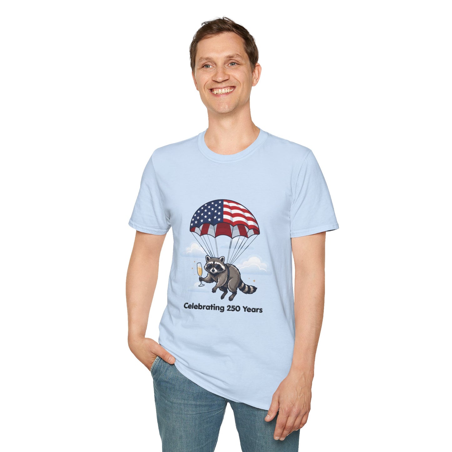 Patriotic Parachuting Raccoon T-Shirt — "Celebrating 250 Years"