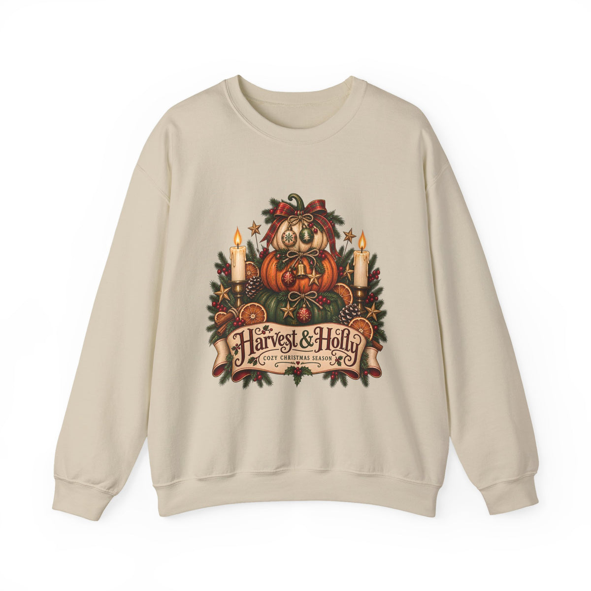 Harvest & Holly Crewneck Sweatshirt — Vintage Pumpkin Fall Graphic Sweatshirt