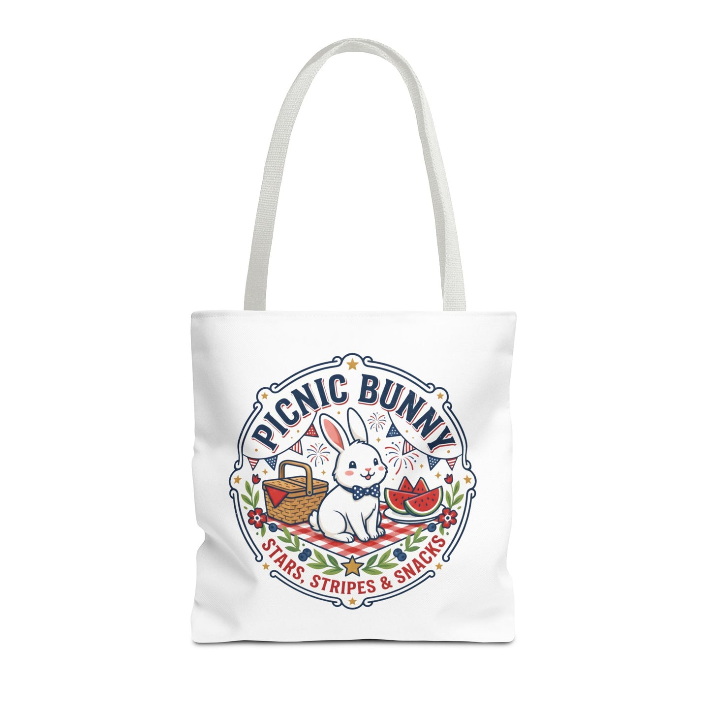 Patriotic Picnic Bunny Tote Bag — ‘Stars, Stripes & Snacks’ Cute Rabbit Picnic Tote, 4th of July Tote