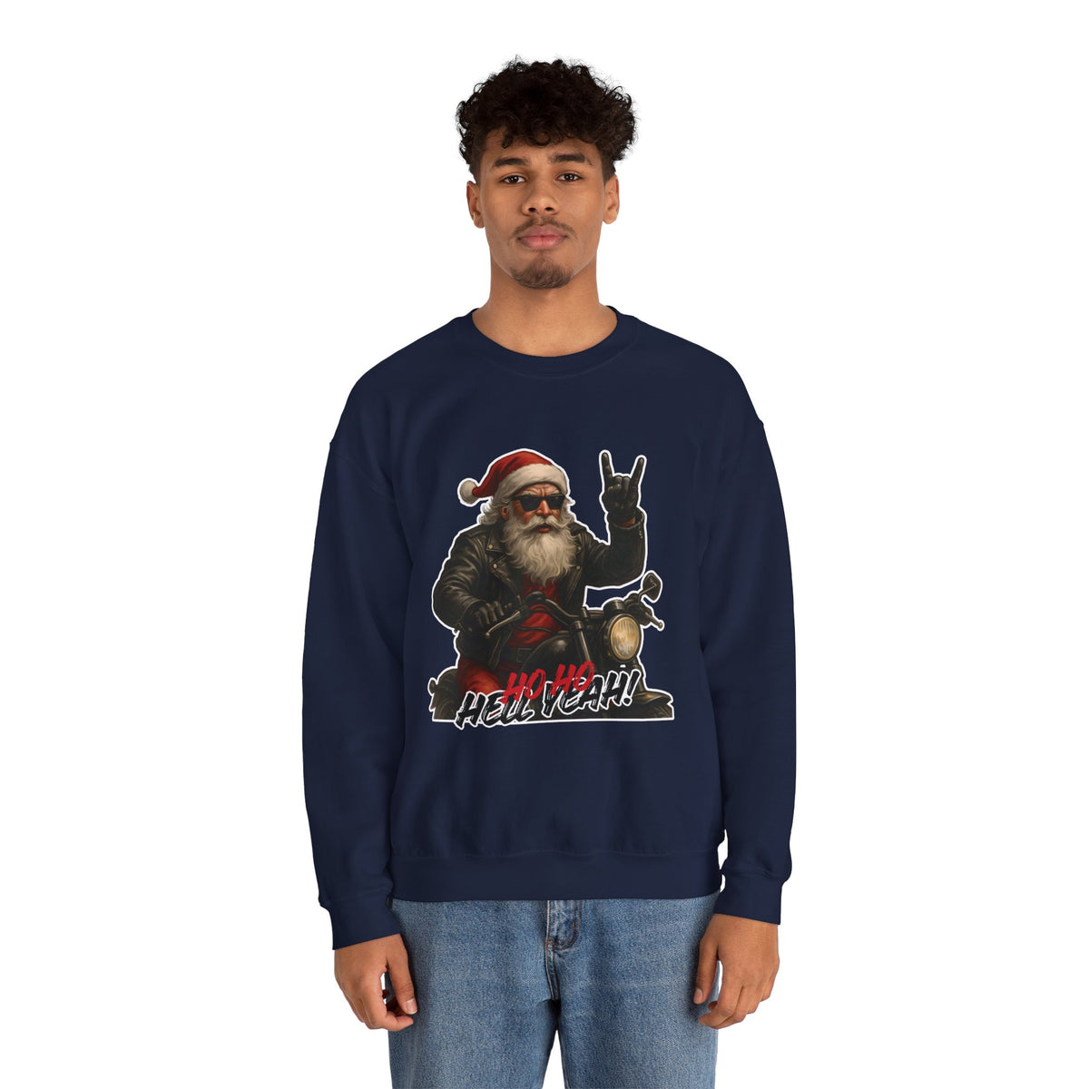 Santa Biker Crewneck Sweatshirt – 'Ho Ho Hell Yeah' Christmas Motorcycle Pullover