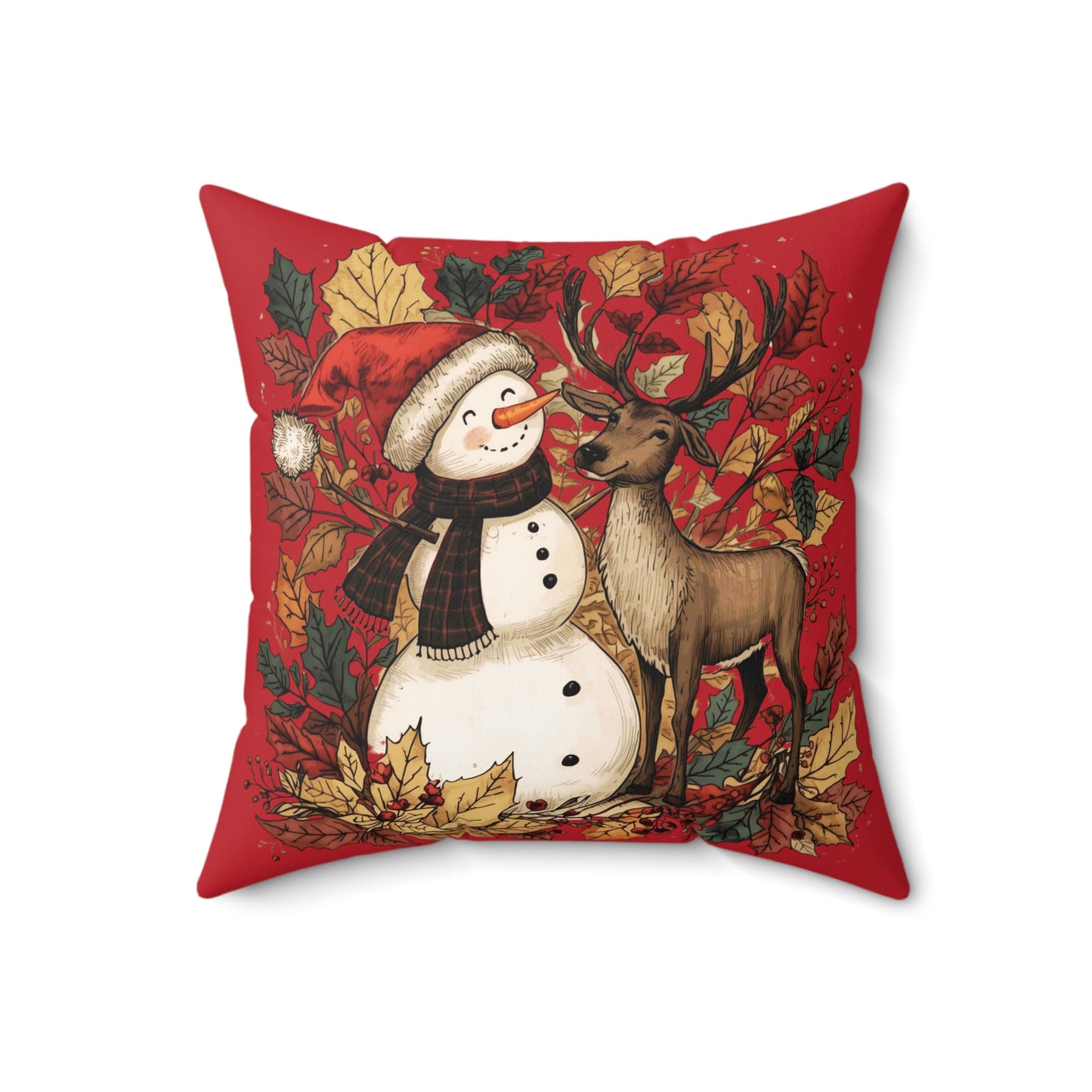 Christmas Snowman & Reindeer Decorative Pillow — Red Holiday Throw Cushion