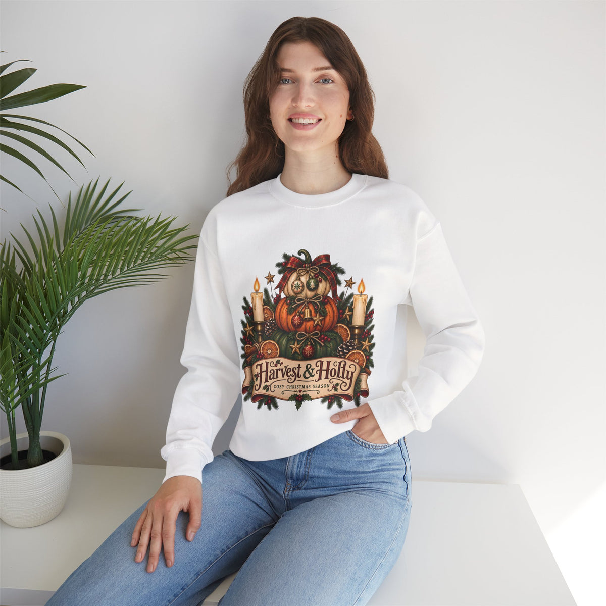 Harvest & Holly Crewneck Sweatshirt — Vintage Pumpkin Fall Graphic Sweatshirt