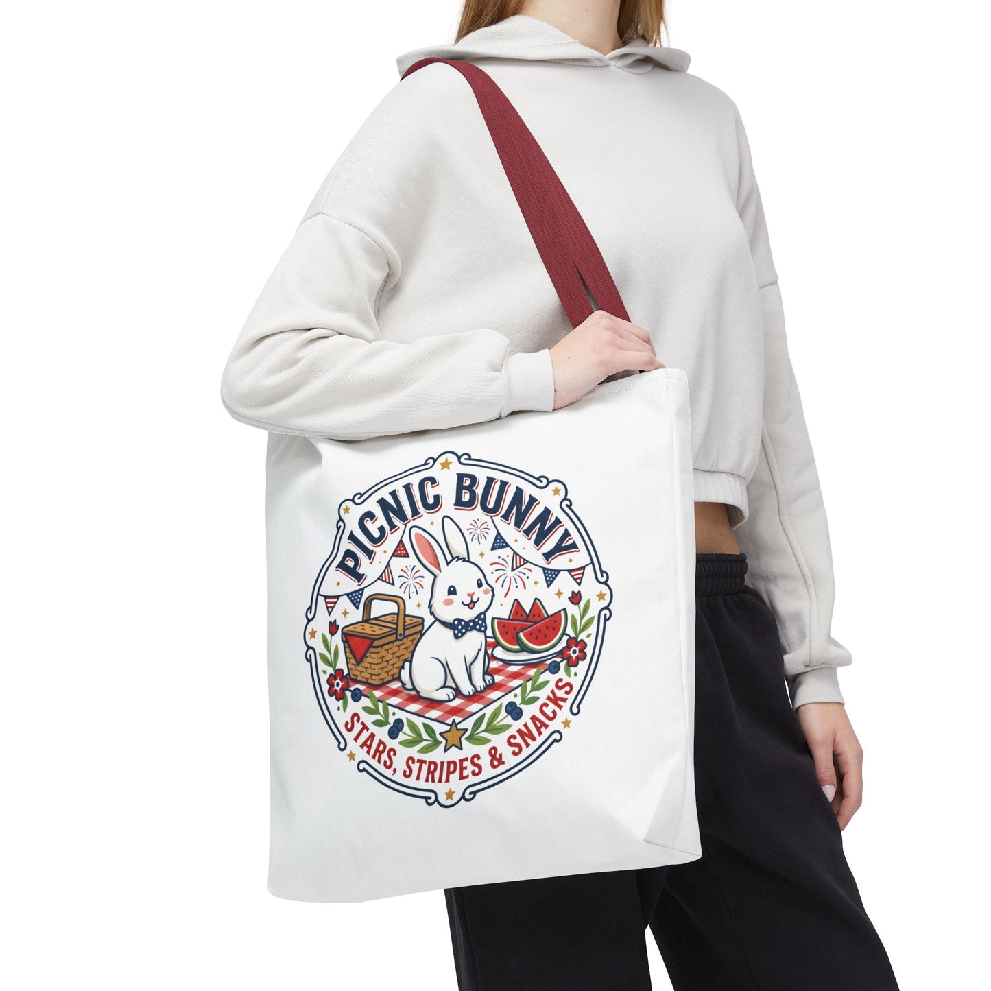 Patriotic Picnic Bunny Tote Bag — ‘Stars, Stripes & Snacks’ Cute Rabbit Picnic Tote, 4th of July Tote