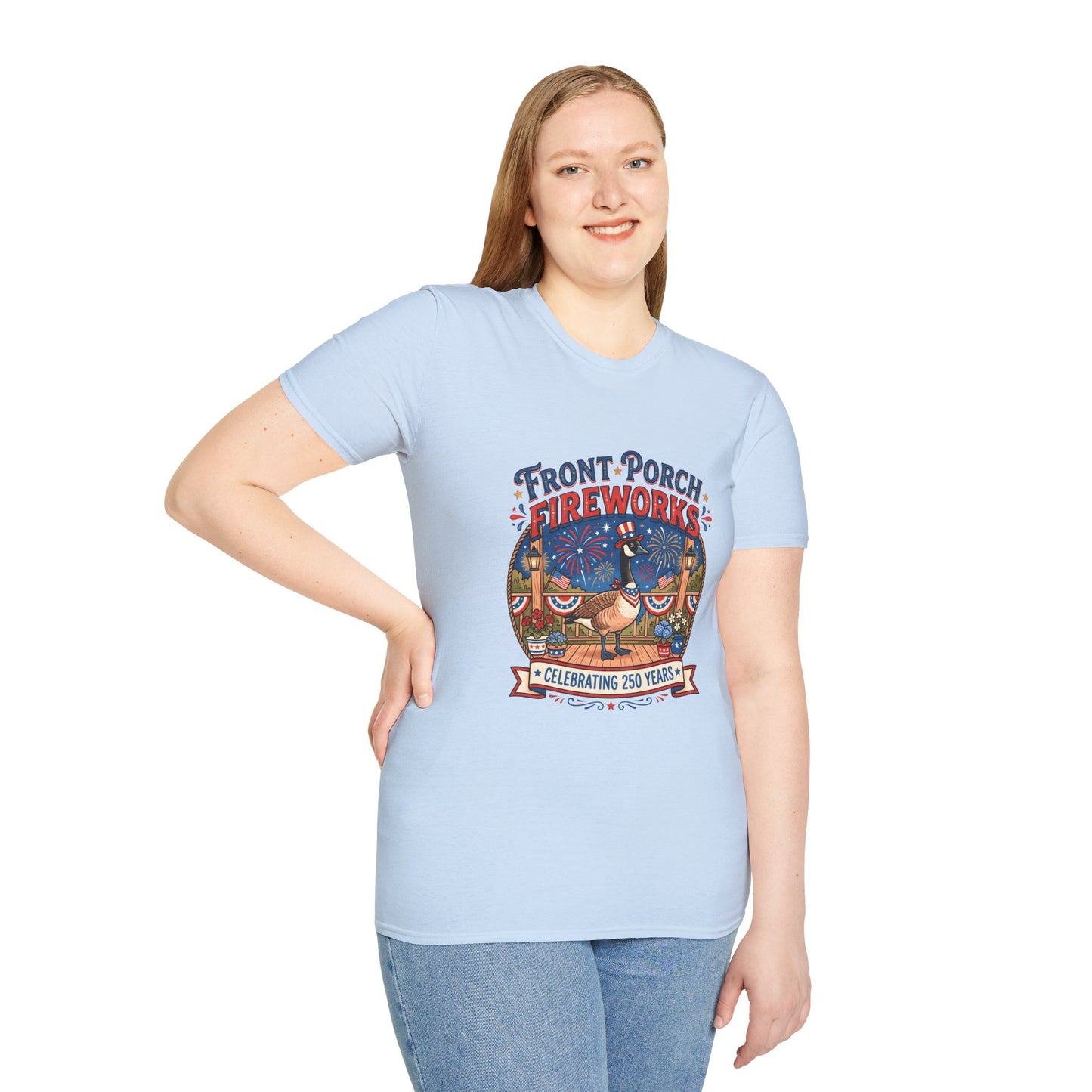 Front Porch Fireworks, Goose T-Shirt — Patriotic 4th of July Celebration Tee