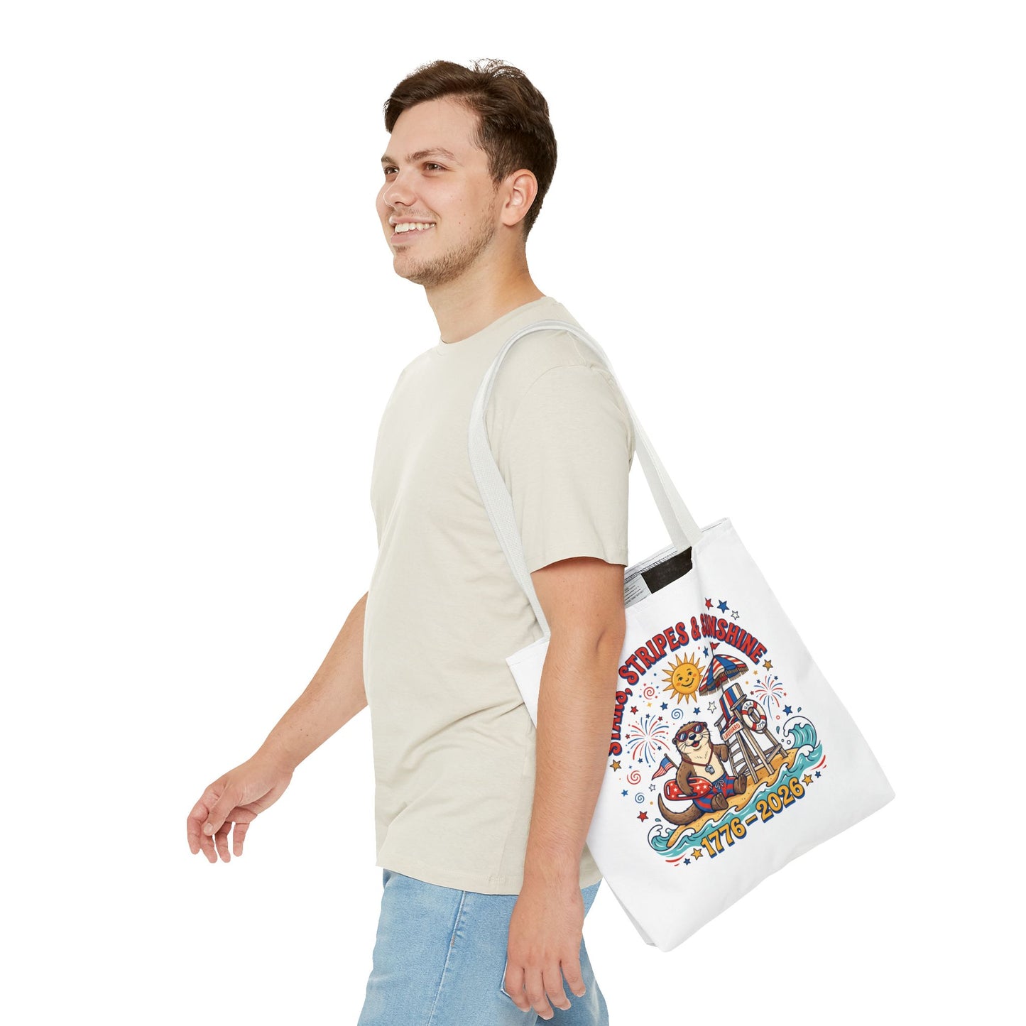Stars, Stripes & Sunshine Tote Bag — 1776–2026 Patriotic Summer Beach Tote, 4th of July Tote