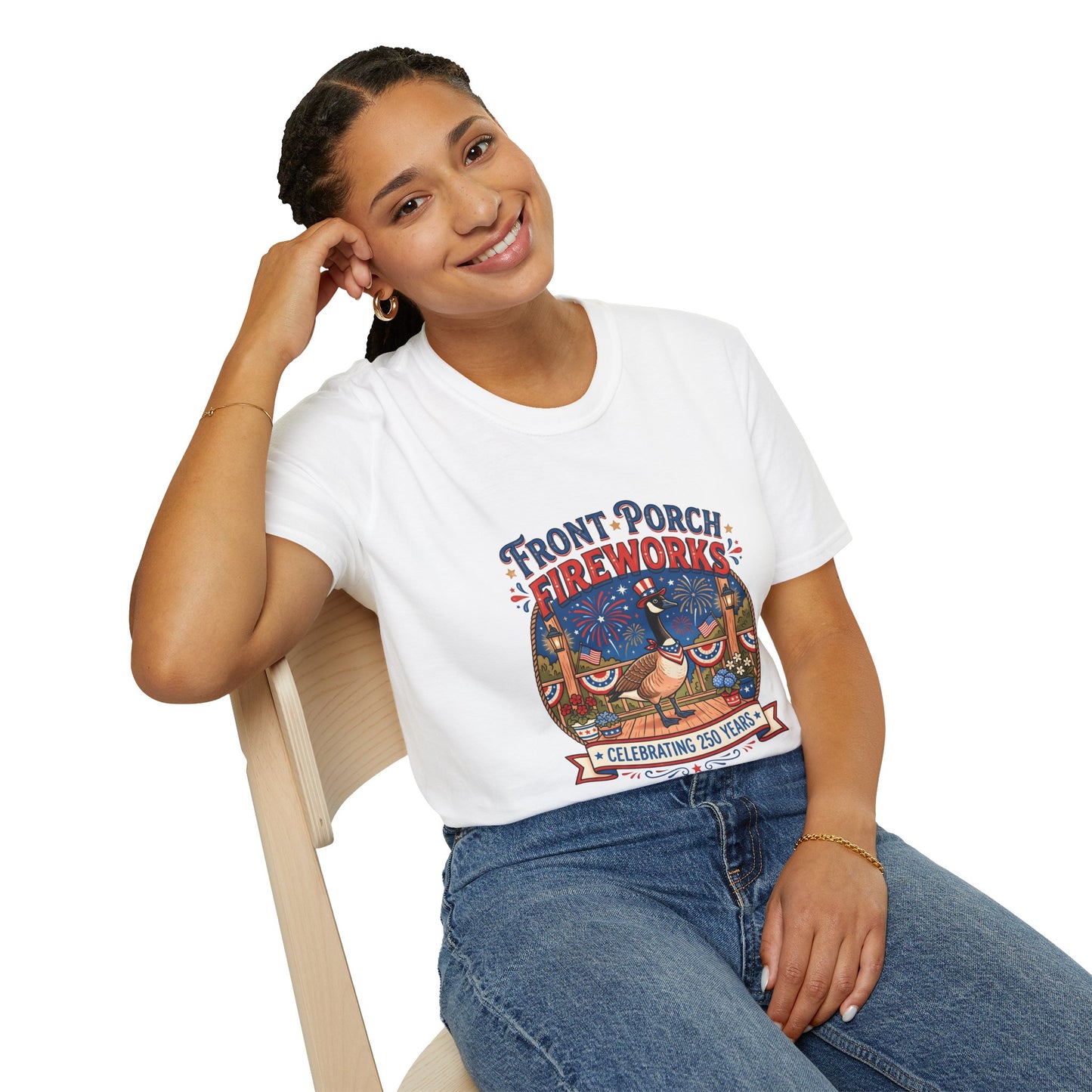 Front Porch Fireworks, Goose T-Shirt — Patriotic 4th of July Celebration Tee