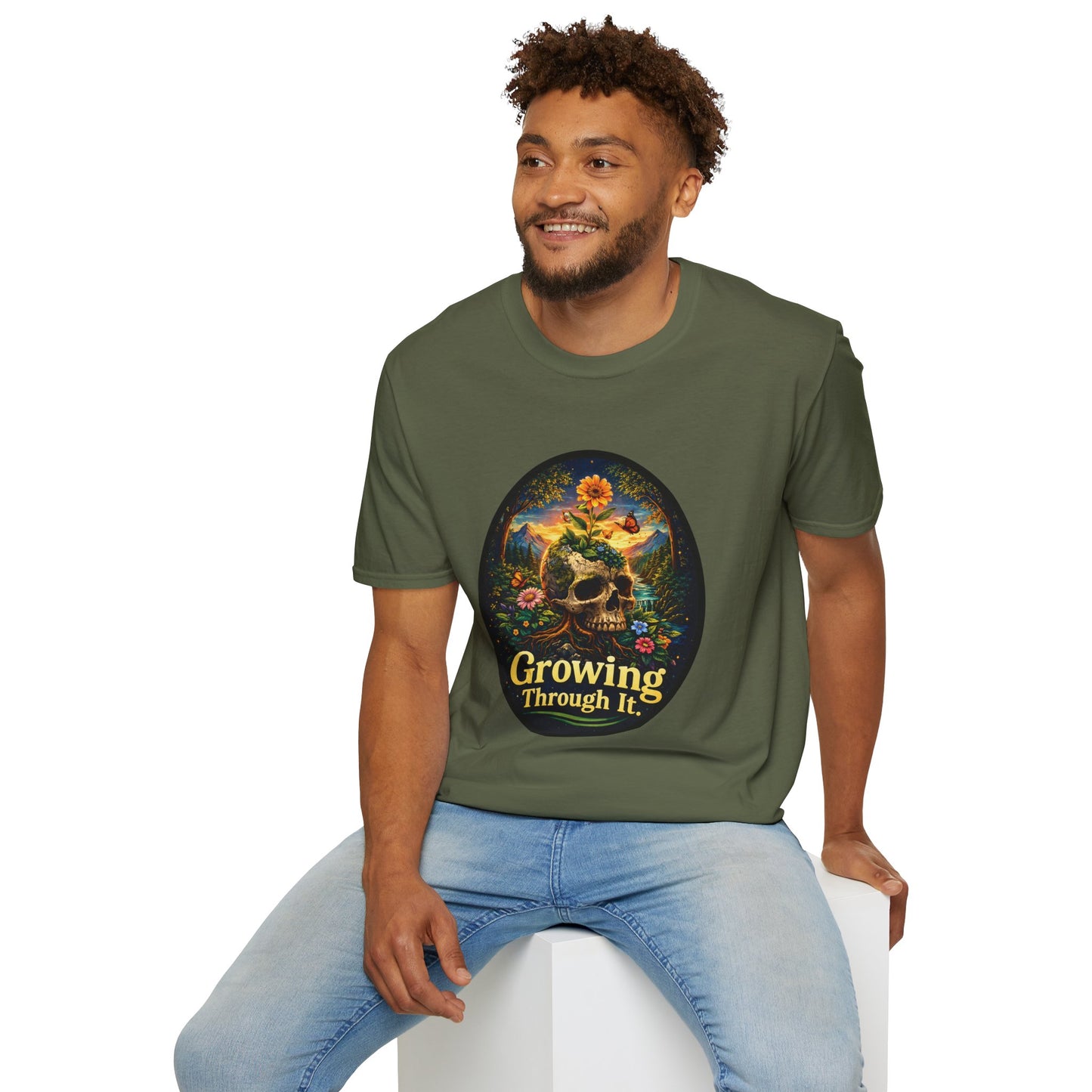 Growing Through It T-Shirt – Earth Day Nature Skull Graphic Tee | Mental Growth & Healing Shirt | Botanical Aesthetic Unisex Tee