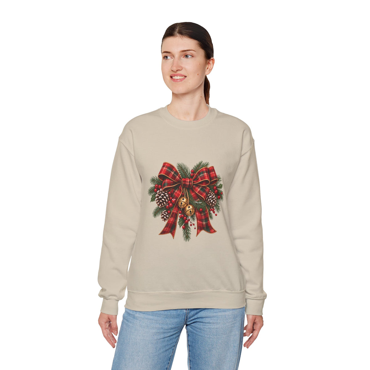Christmas Plaid Bow Sweatshirt - Holiday Pinecone & Jingle Bells Crewneck
