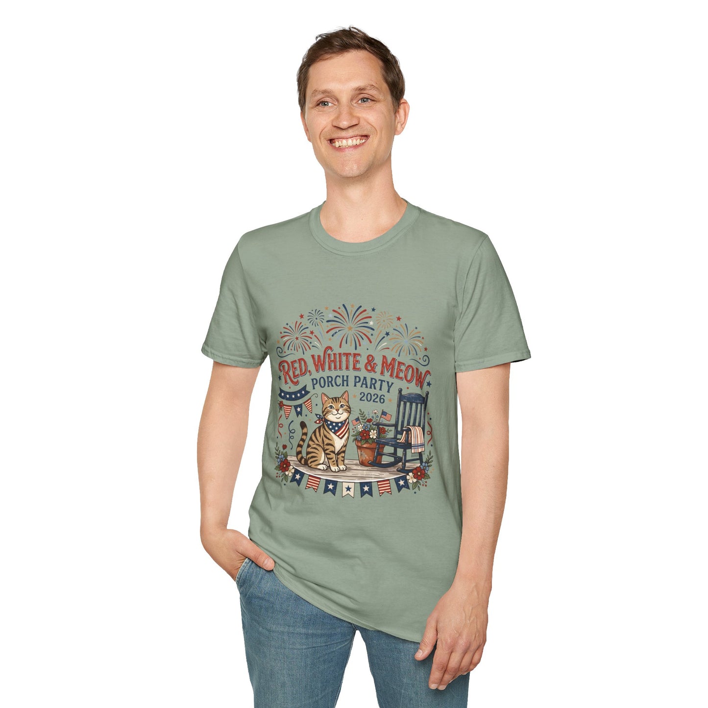 Red, White & Meow Porch Party T-Shirt — 2026 Patriotic Cat Tee, 4th of July Shirt, Independence Day Gift