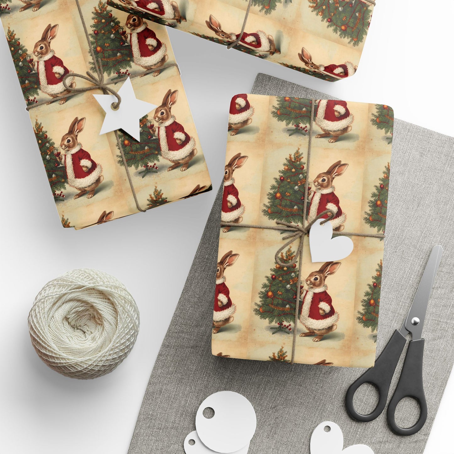 Vintage Christmas Wrapping Paper Roll - Vintage Holiday Gift Wrap with Bunny Design
