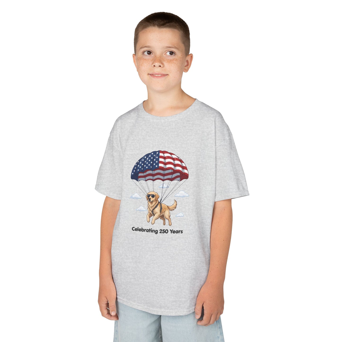 Kids Tee — Dog with Parachute, "Celebrating 250 Years" (Patriotic Fourth of July)