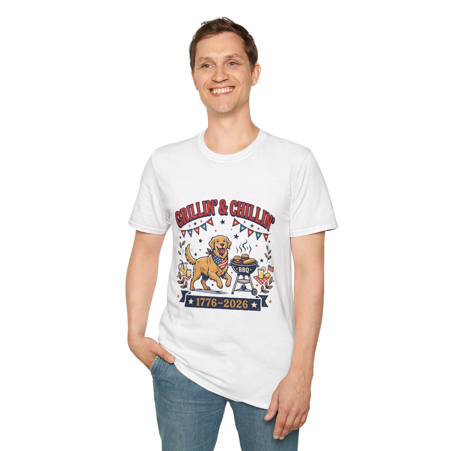 Grillin' & Chillin' BBQ Dog T-Shirt — 1776-2026 Patriotic Summer Tee, 4th of July Shirt, Independence Day Tee