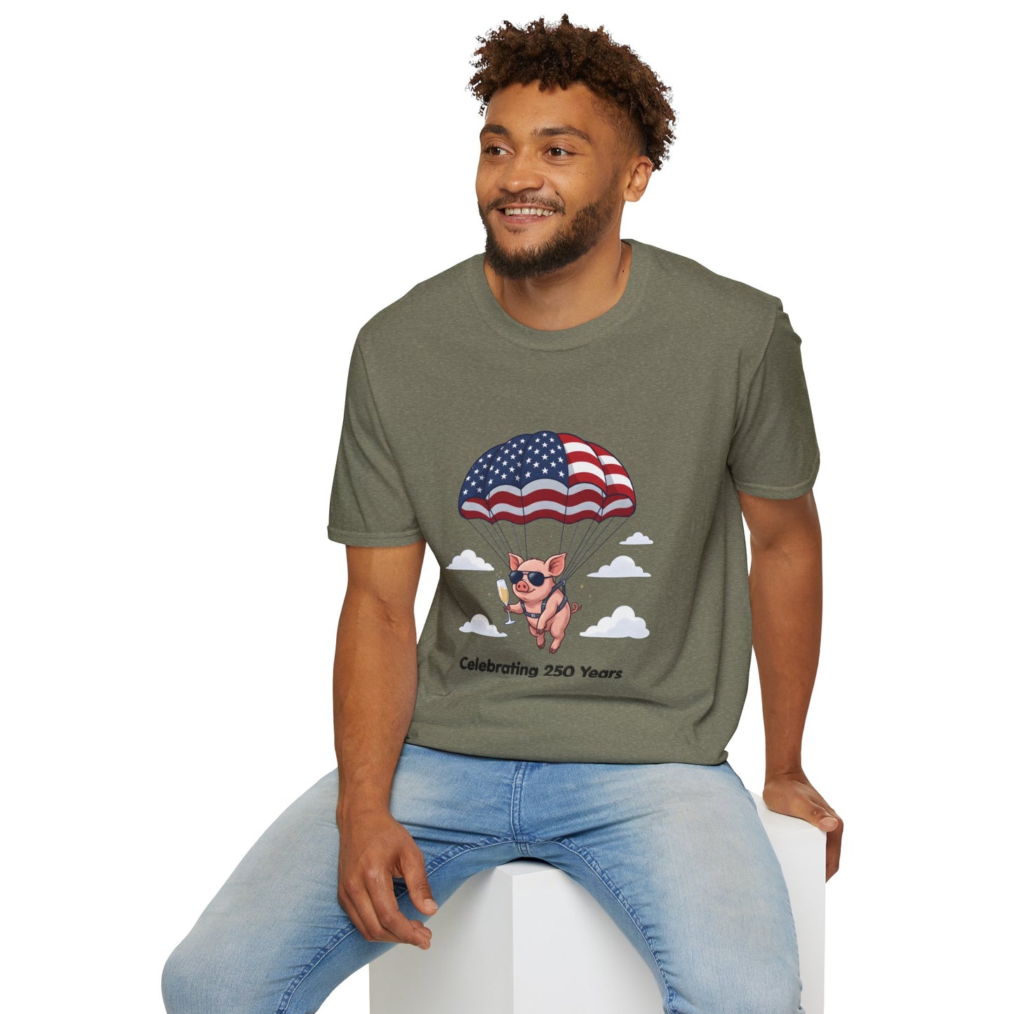 Patriotic Parachuting Piglet T-shirt - “Celebrating 250 Years”