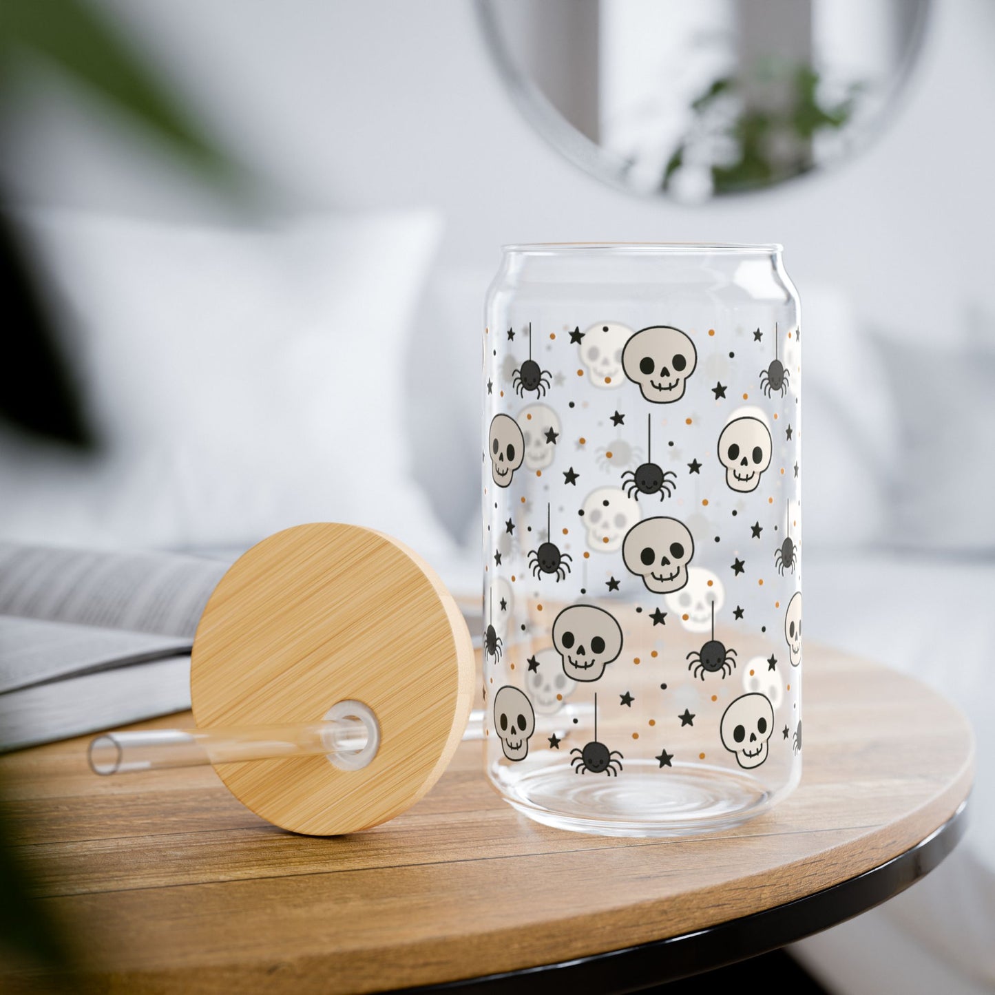 Skull Pattern Sipper Glass - 16oz, Cool Drinkware, Unique Gift, Halloween Decor, Party Supplies, Eco-Friendly