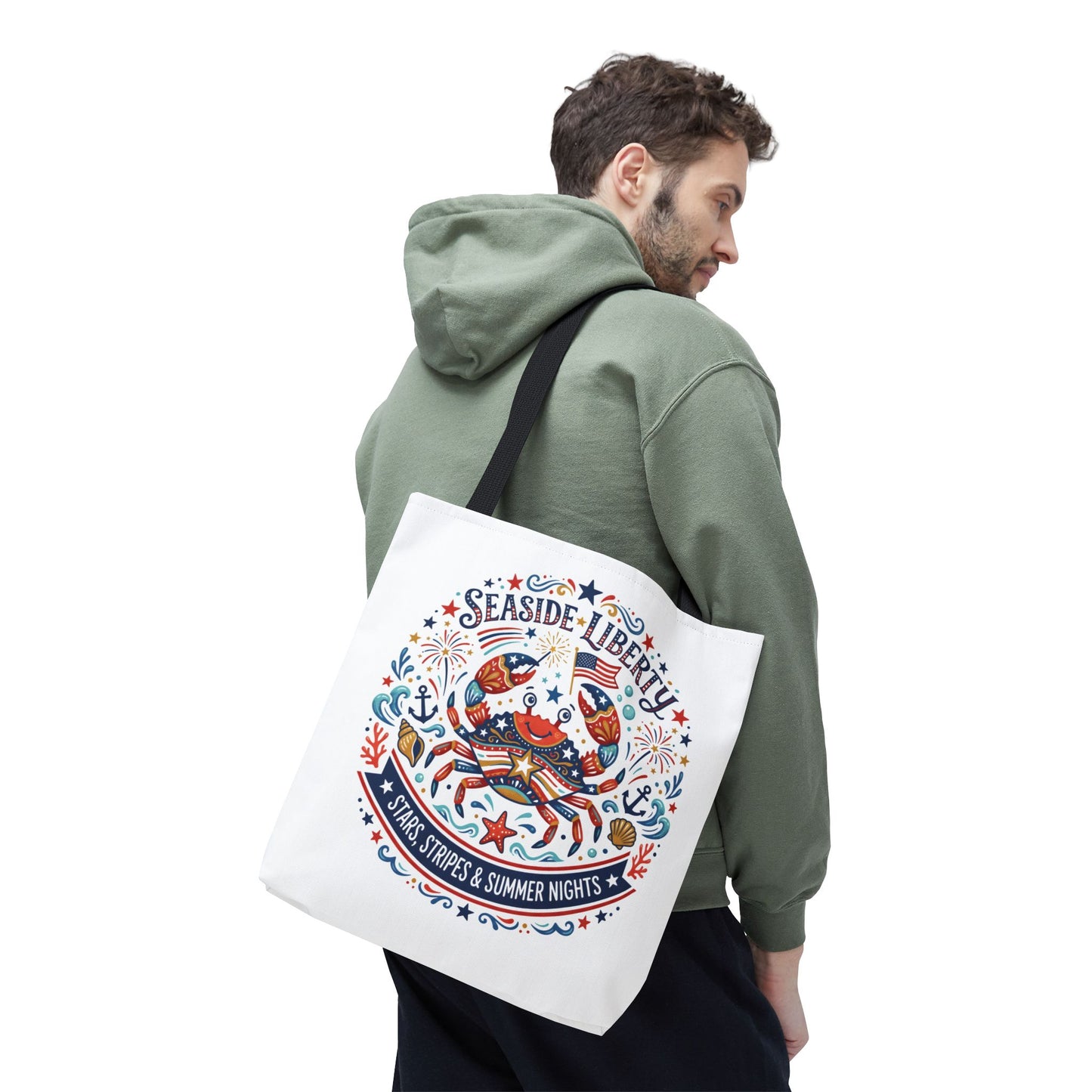Seaside Liberty Tote Bag — 4th of July, Patriotic Bag "Stars, Stripes & Summer Nights"