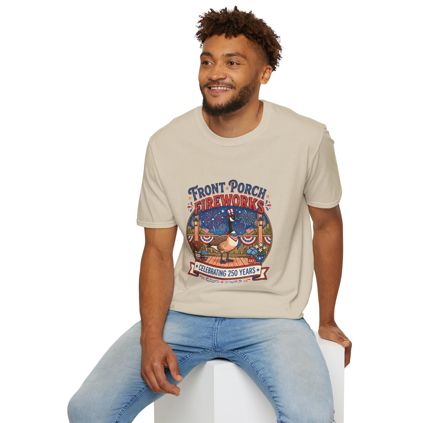 Front Porch Fireworks, Goose T-Shirt — Patriotic 4th of July Celebration Tee