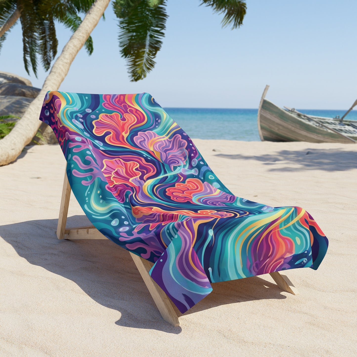 Colorful Ocean Waves Beach Towel — Abstract Jellyfish & Seaweed Design
