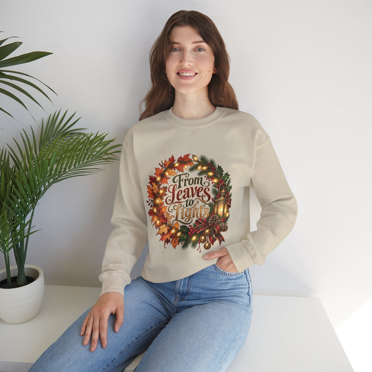 Christmas Crewneck Sweatshirt — "From Leaves to Lights" Autumn to Holiday Wreath Design