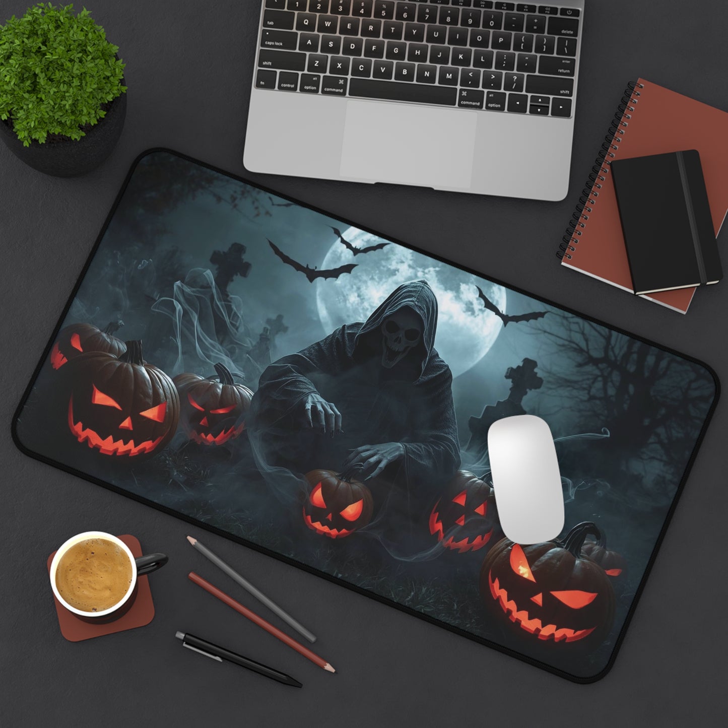 Spooky Halloween Desk Mat - Creepy Skull and Pumpkin Design, Office Decor, Gaming Mat, Halloween Gift, Ghostly Atmosphere