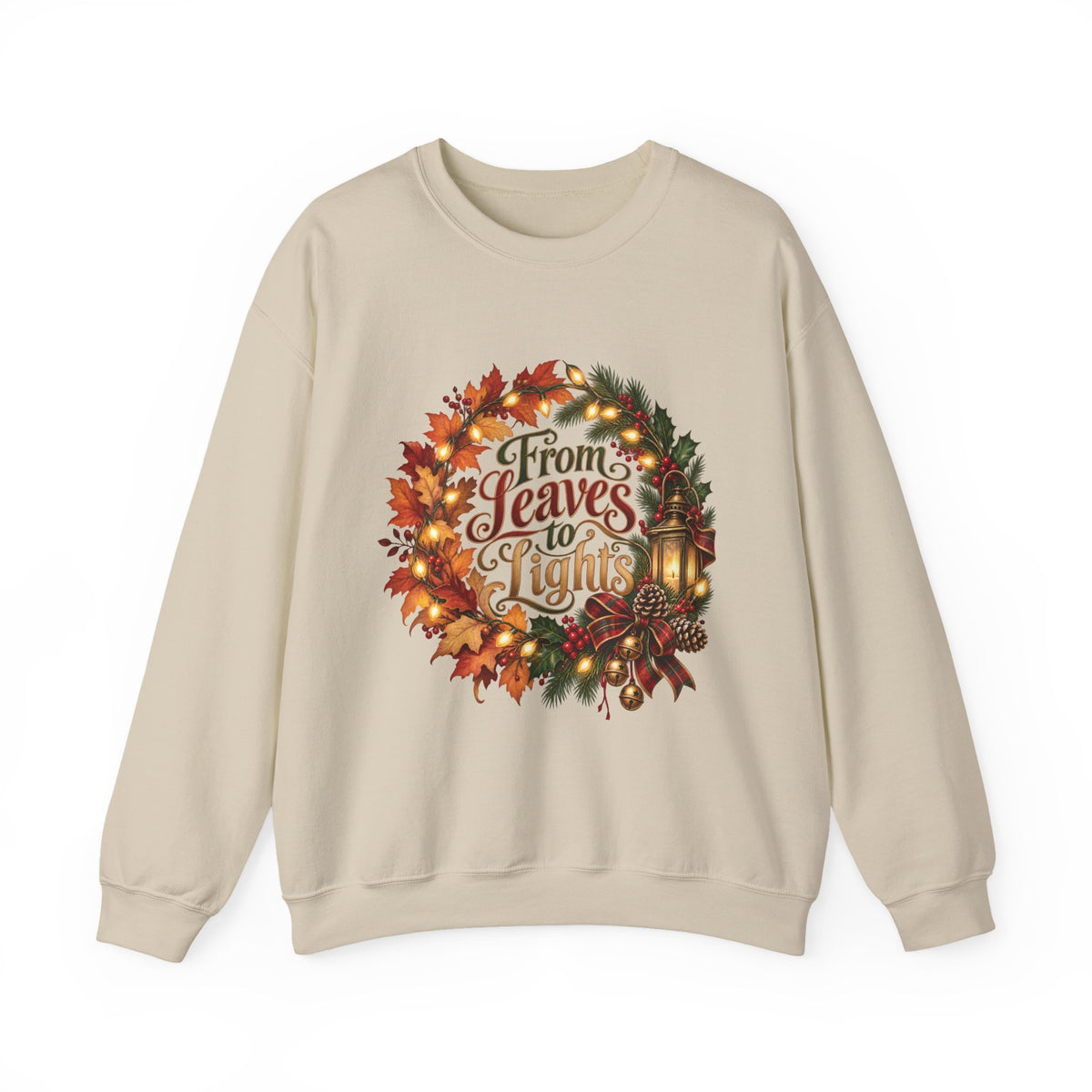 Christmas Crewneck Sweatshirt — "From Leaves to Lights" Autumn to Holiday Wreath Design