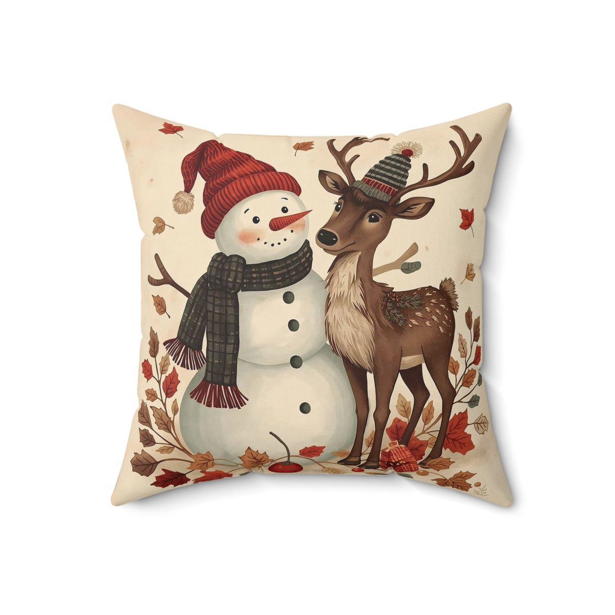 Festive Snowman & Reindeer Holiday Pillow — Cozy Christmas Decorative Throw Pillow