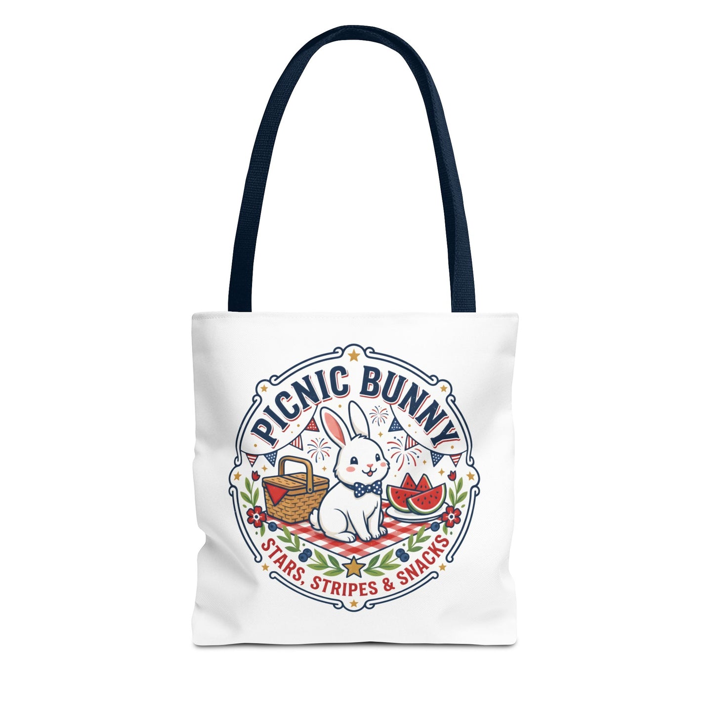 Patriotic Picnic Bunny Tote Bag — ‘Stars, Stripes & Snacks’ Cute Rabbit Picnic Tote, 4th of July Tote