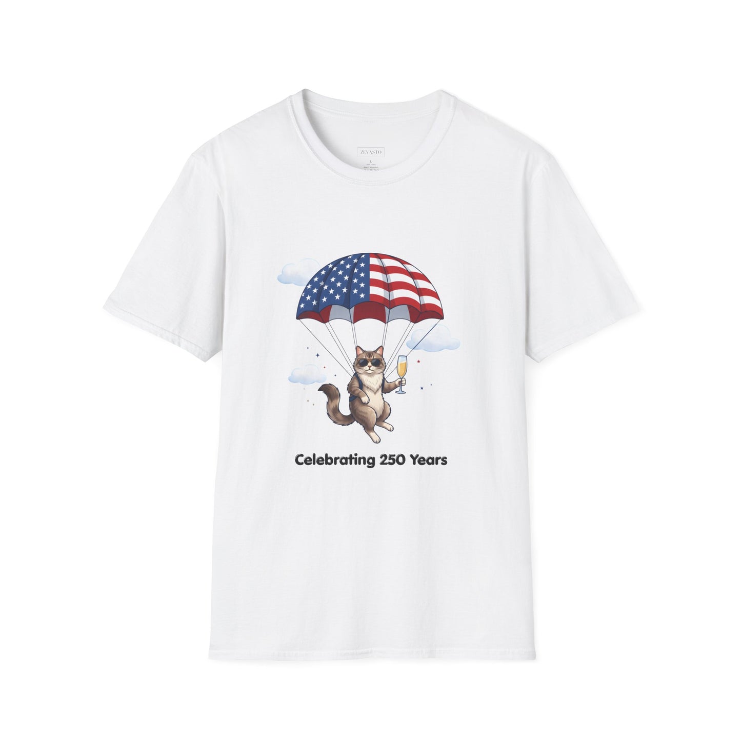 Patriotic Cat Parachute T-Shirt — "Celebrating 250 Years" 4th of July Tee