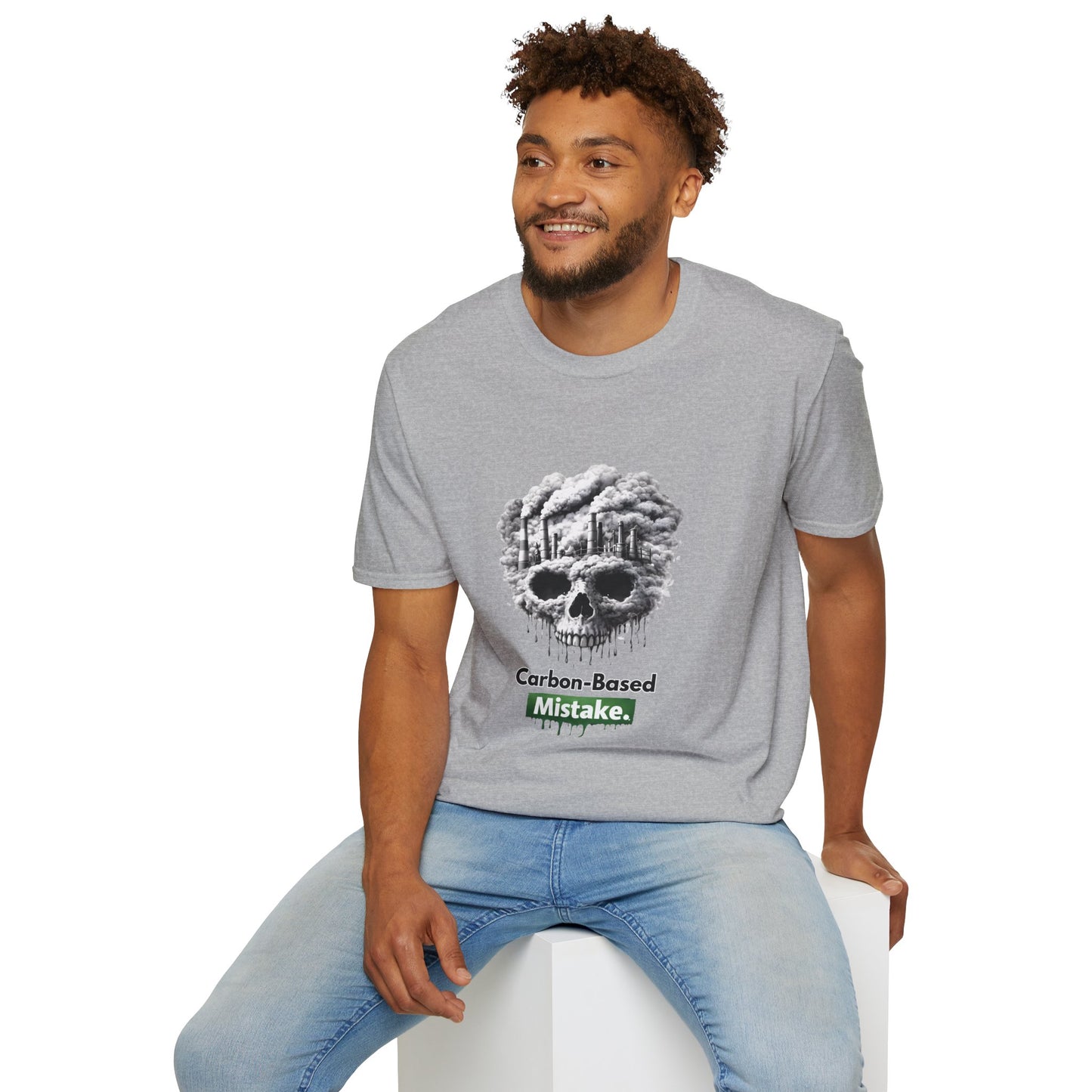 Carbon-Based Mistake Skull T-Shirt — Dark Humor Graphic Tee for Earth Day