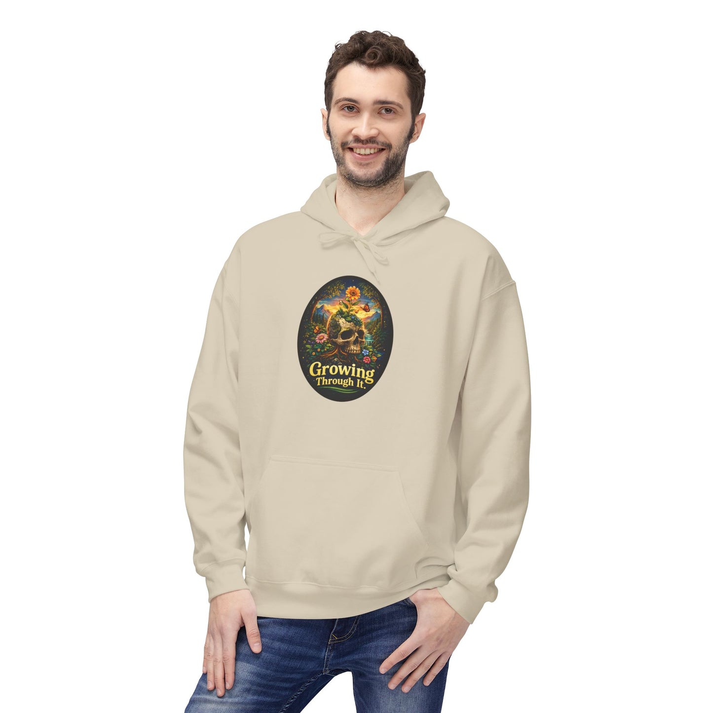 Growing Through It Hoodie – Earth Day Nature Skull Sweatshirt | Mental Growth & Healing Hoodie | Botanical Aesthetic Unisex Hoodie