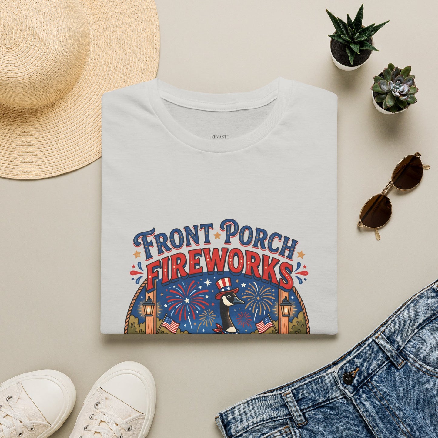 Front Porch Fireworks, Goose T-Shirt — Patriotic 4th of July Celebration Tee