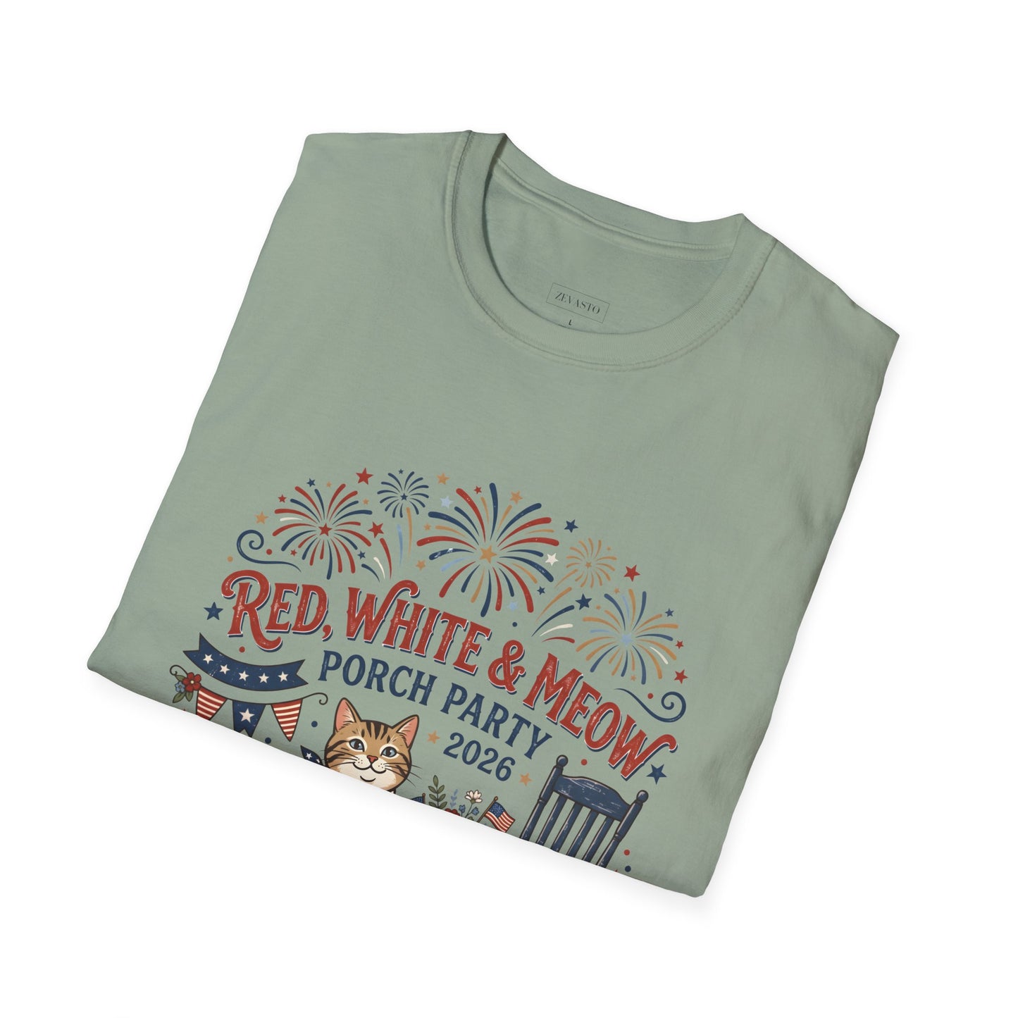 Red, White & Meow Porch Party T-Shirt — 2026 Patriotic Cat Tee, 4th of July Shirt, Independence Day Gift